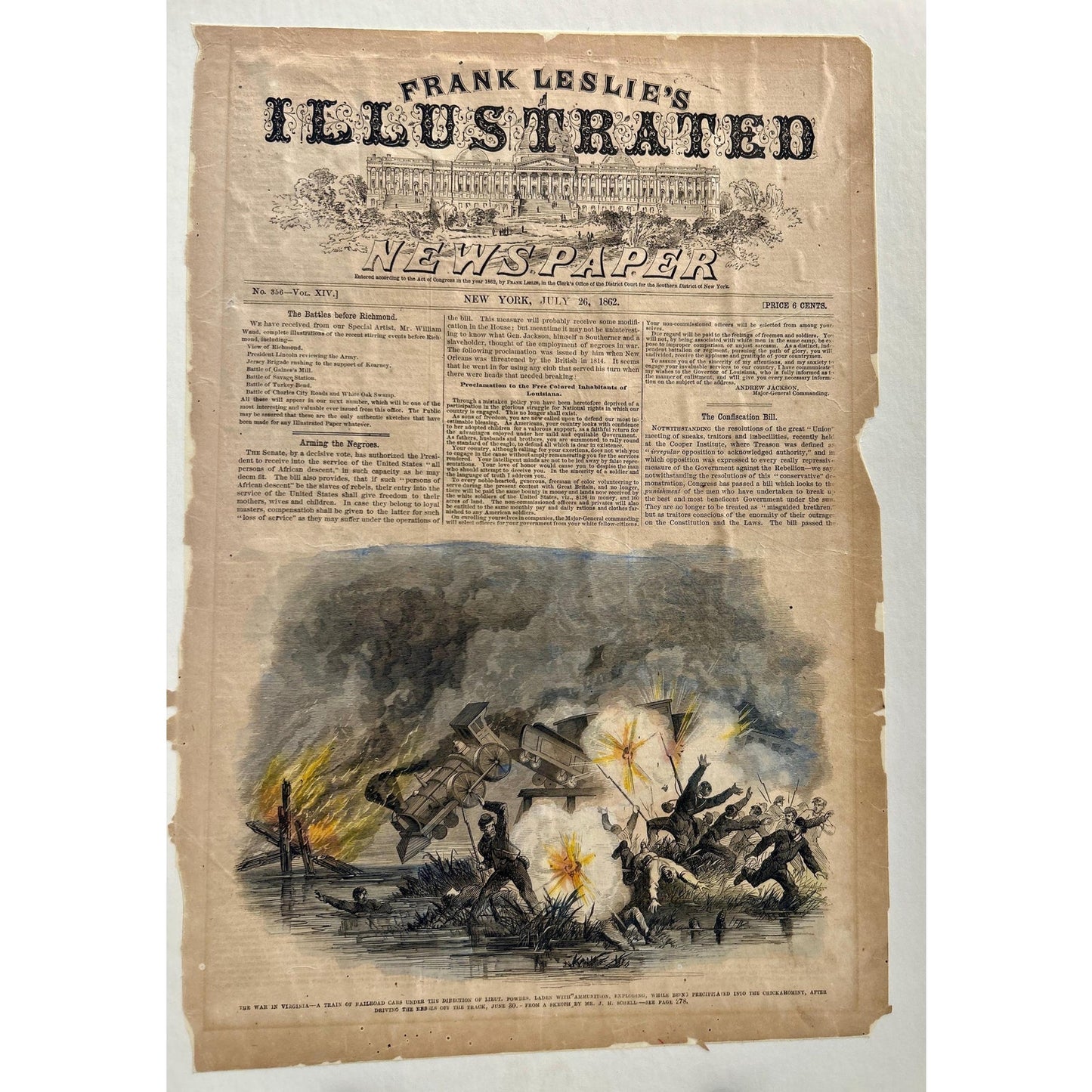 Antique Civil War 1862 Frank Leslie’s Newspaper Train Explosion Virginia Original Engraving Railroad Battle. Authentic Antique Print
