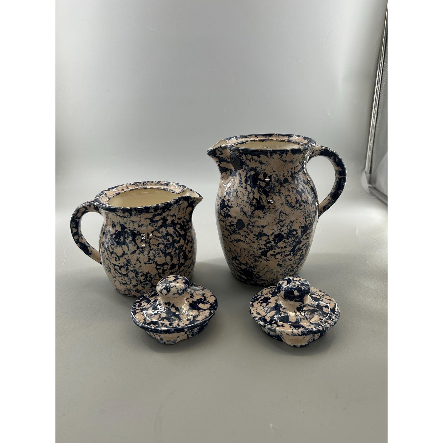 Vintage Blue Spongeware Stoneware Pitcher & Creamer Set with Lids — Cobalt Farmhouse Kitchen Decor
