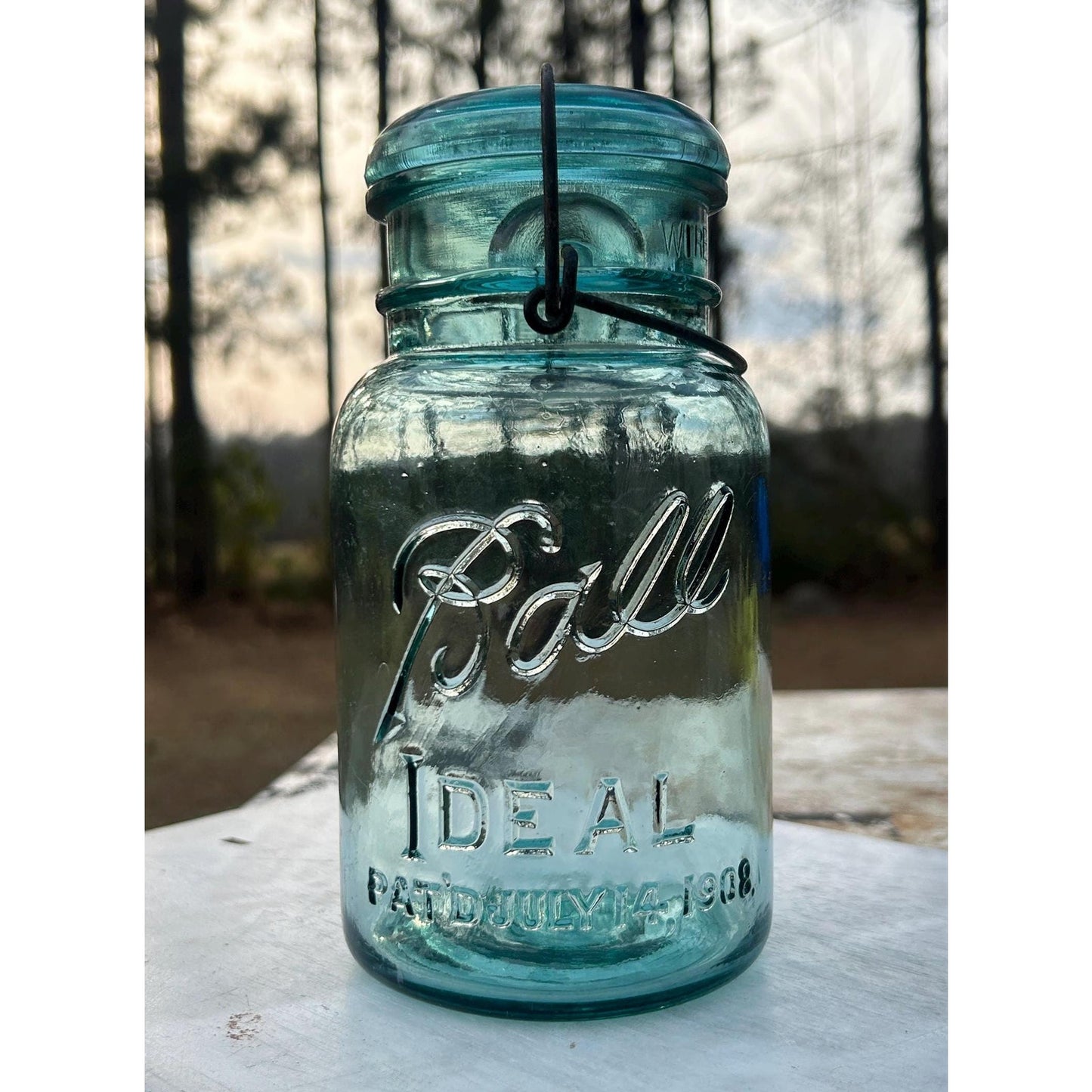 Antique Ball Ideal Aqua Blue Mason Jar Wire Bail Glass Lid Pat July 14 1908 Deep Embossed Fruit Jar Vintage Canning Jar Farmhouse Kitchen