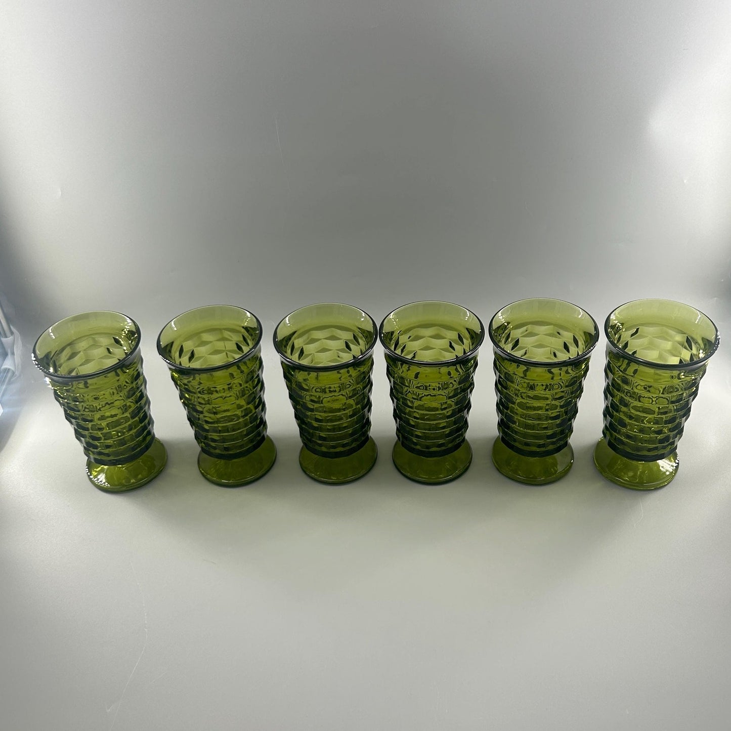 Vintage Indiana Glass Whitehall Cube Tumblers Set of 6 Avocado Green Footed Glasses Mid Century Barware Retro Drinkware