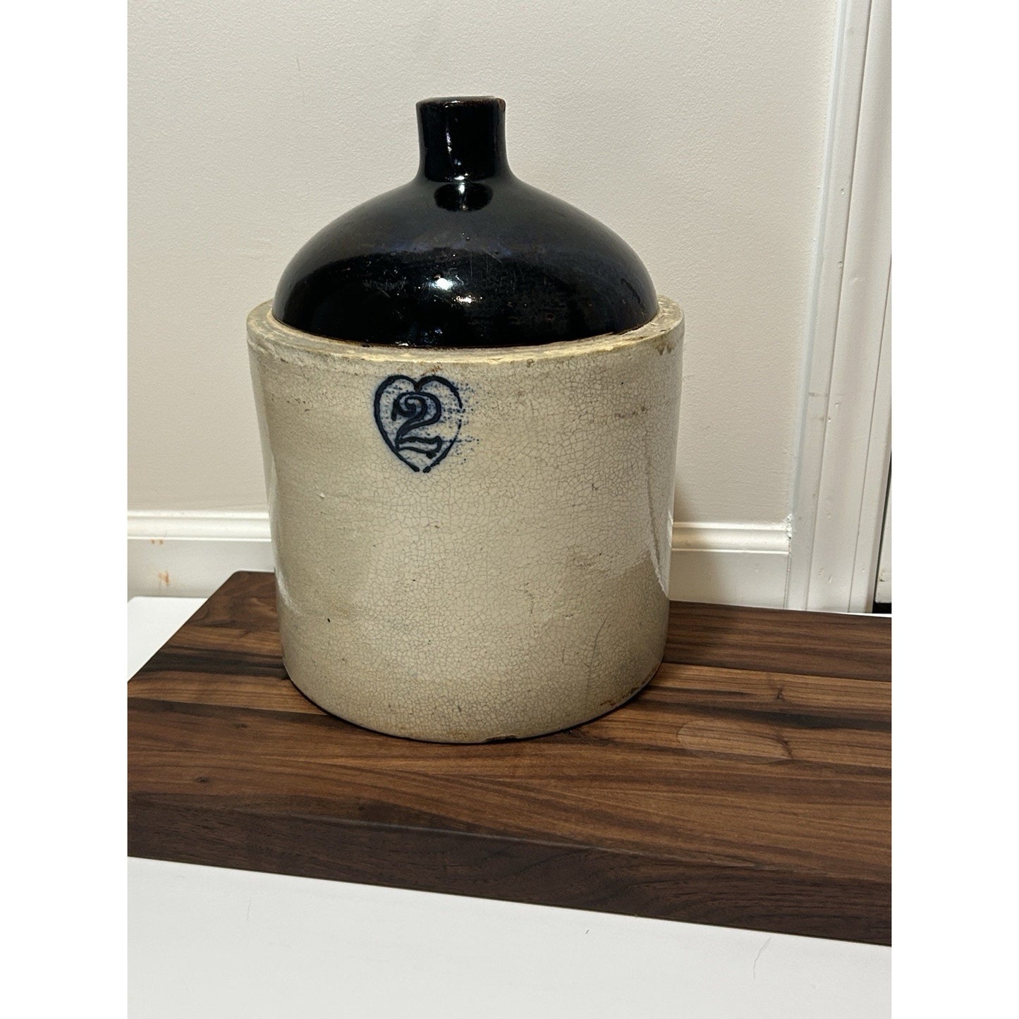 Antique Burley Winter 2 Gallon Stoneware Jug Cobalt Blue Heart Salt Glaze Crock