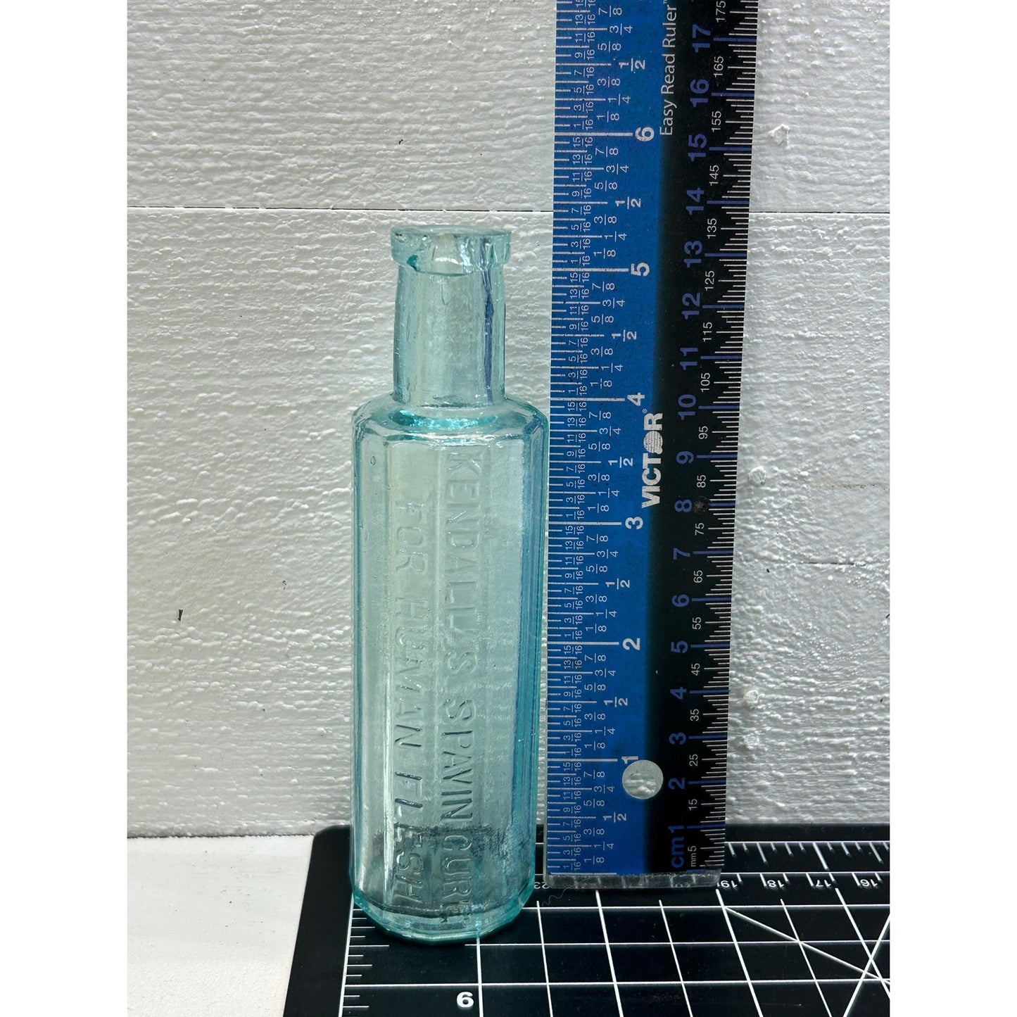Antique Kendall’s Spavin Cure Bottle – Aqua Blue Glass, 1800s Patent Medicine, Embossed “For Human Flesh” – Rare Apothecary Remededy .