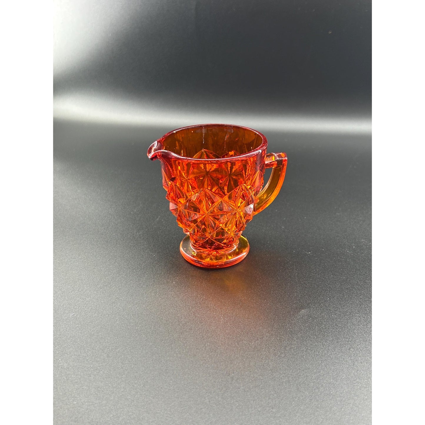 Vintage Amberina Glass Creamer | UV Reactive | Diamond Cut Pressed Glass | Footed Cream Pitcher