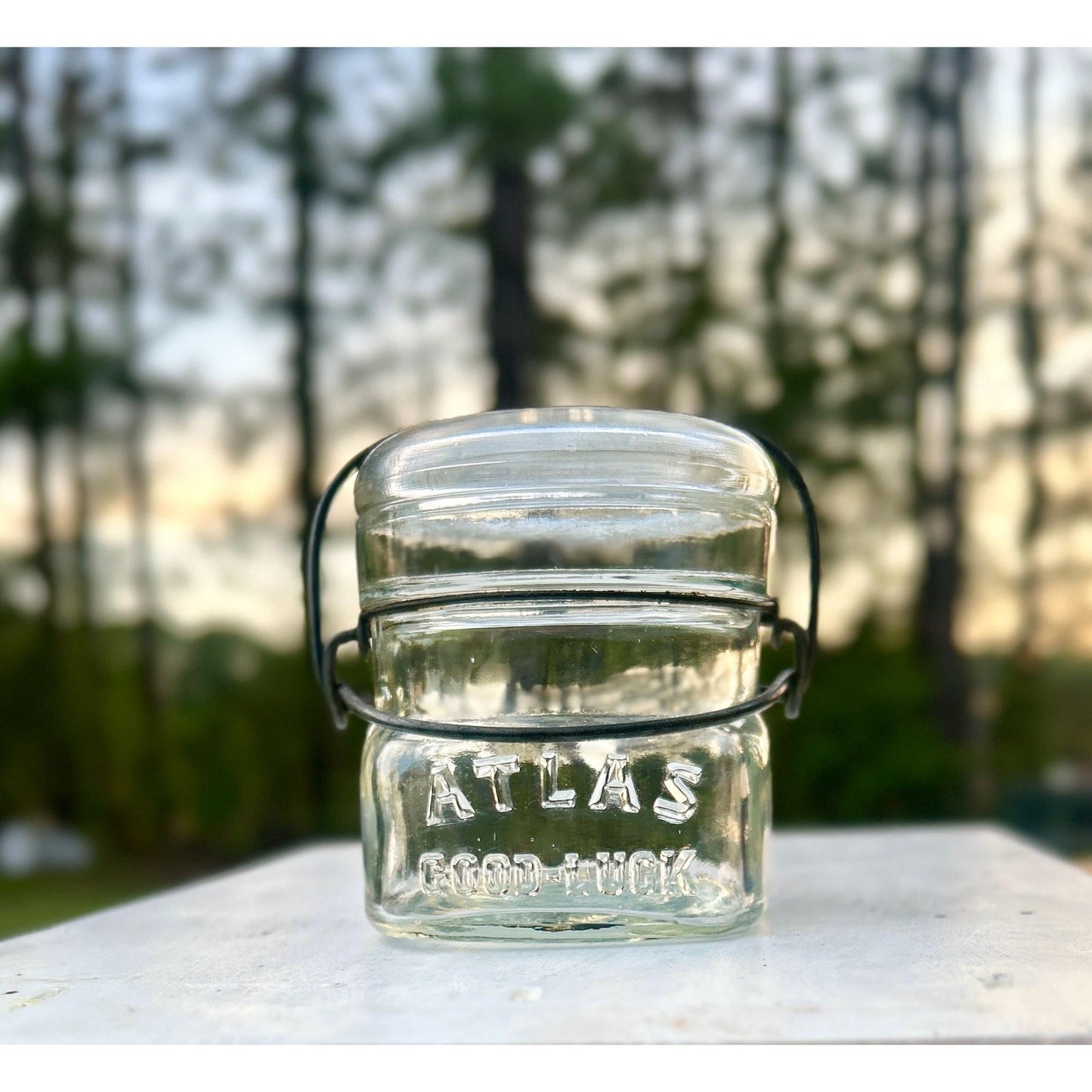 Atlas Good Luck Clover Half Pint Mason Jar Original Wire Bail Glass Lid Antique Hazel Atlas 1920s
