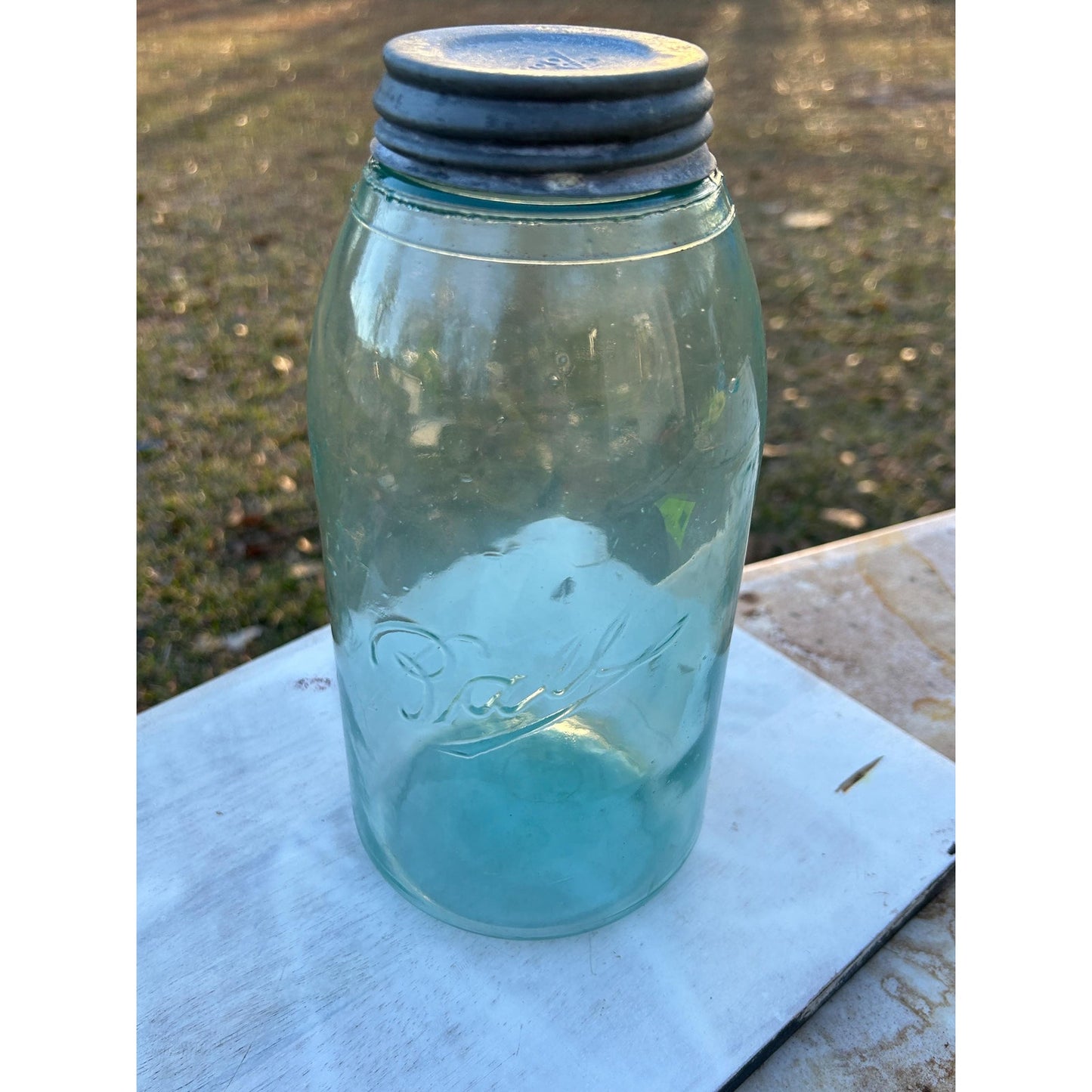 Antique Ball Triple L Half Gallon Aqua Mason Jar 1900–1910 Early Script Ball Bros Original Zinc Lid