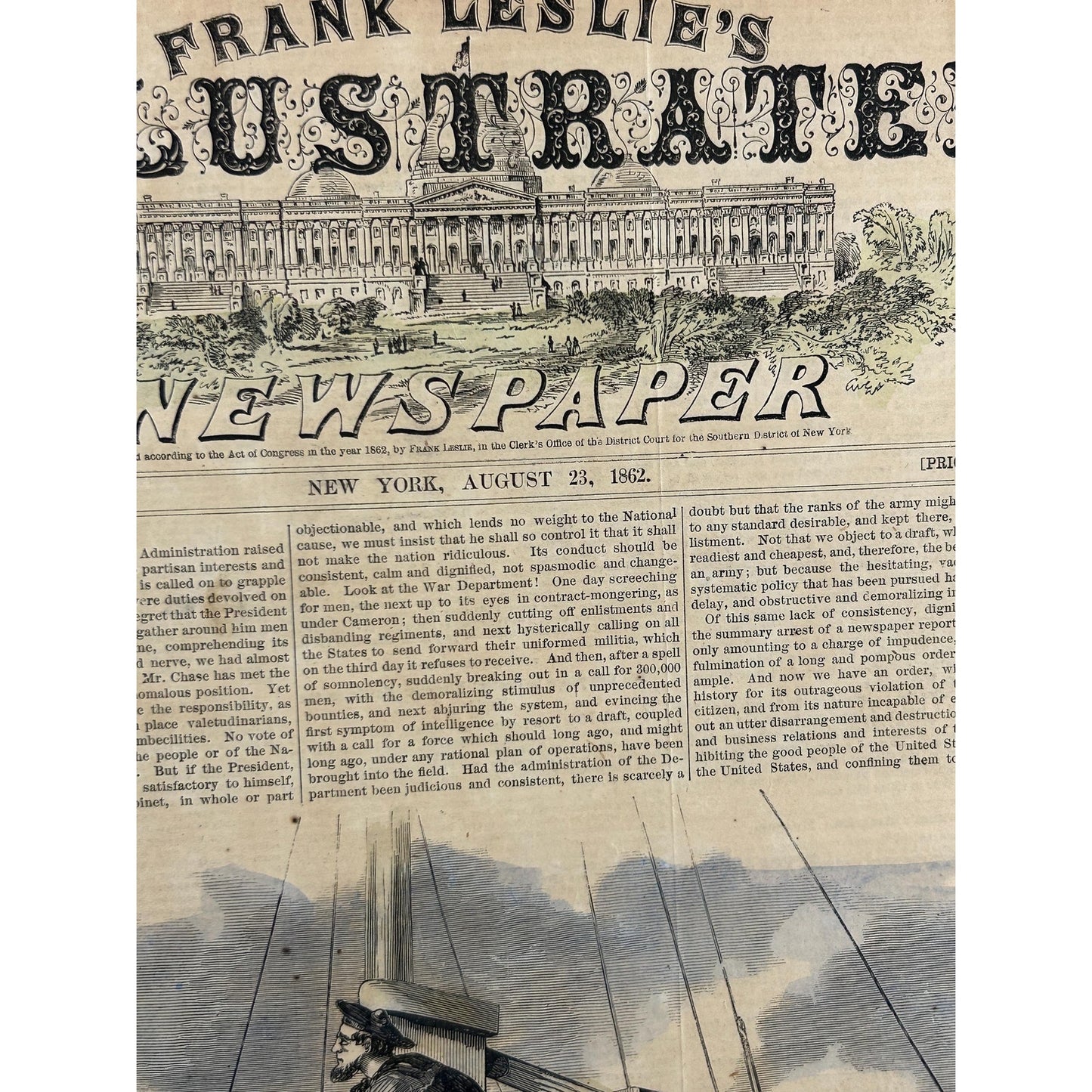 Antique Rare Civil War Newspaper 1862 Frank Leslie Illustrated Naval Masthead Lookout James River Union Warship Antique Print