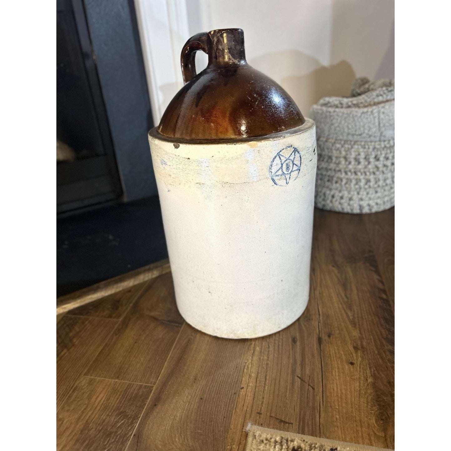 Primitive 5 gallon blue star stoneware jug side view farmhouse