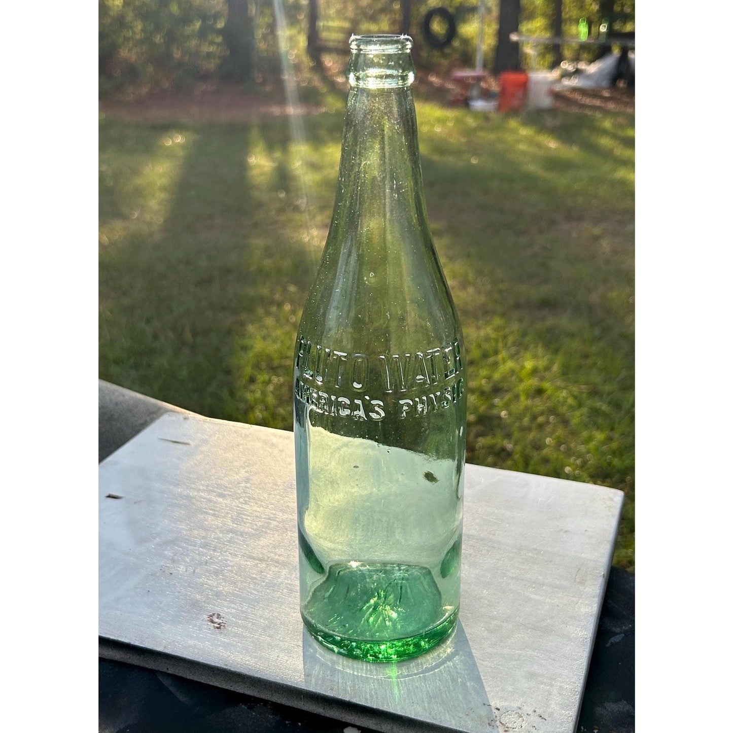 Antique Pluto Water Bottle America’s Physic Devil Logo Base Embossed Aqua Green Mineral Water c1920s