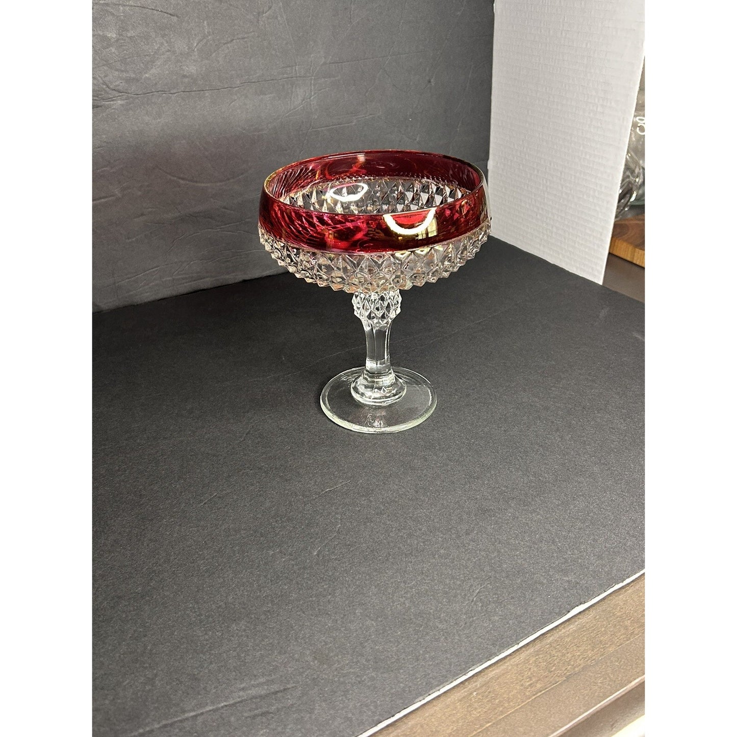 Vintage Indiana ruby flash diamond point candy dish detail