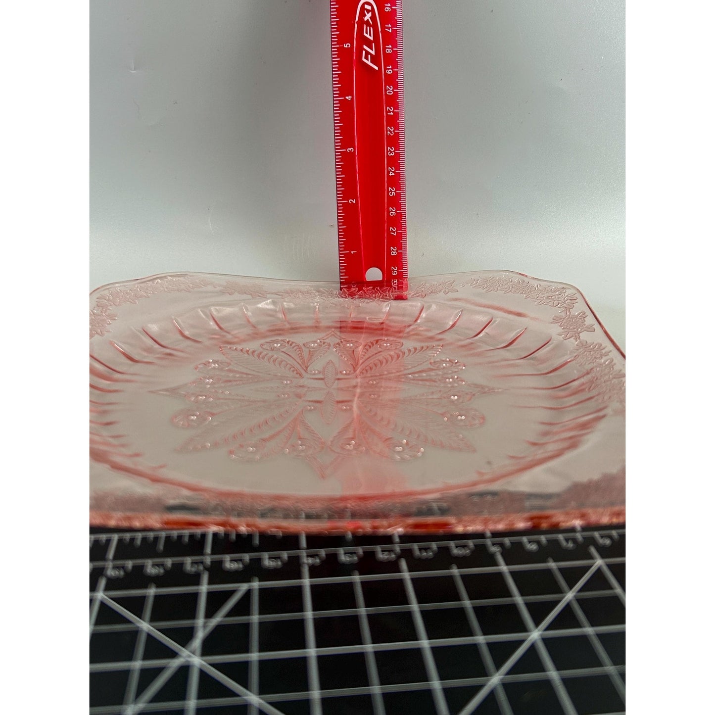 Vintage Pink Depression Glass Plates Set of 2 Etched Floral Square Luncheon Salad Plates Art Deco Glassware