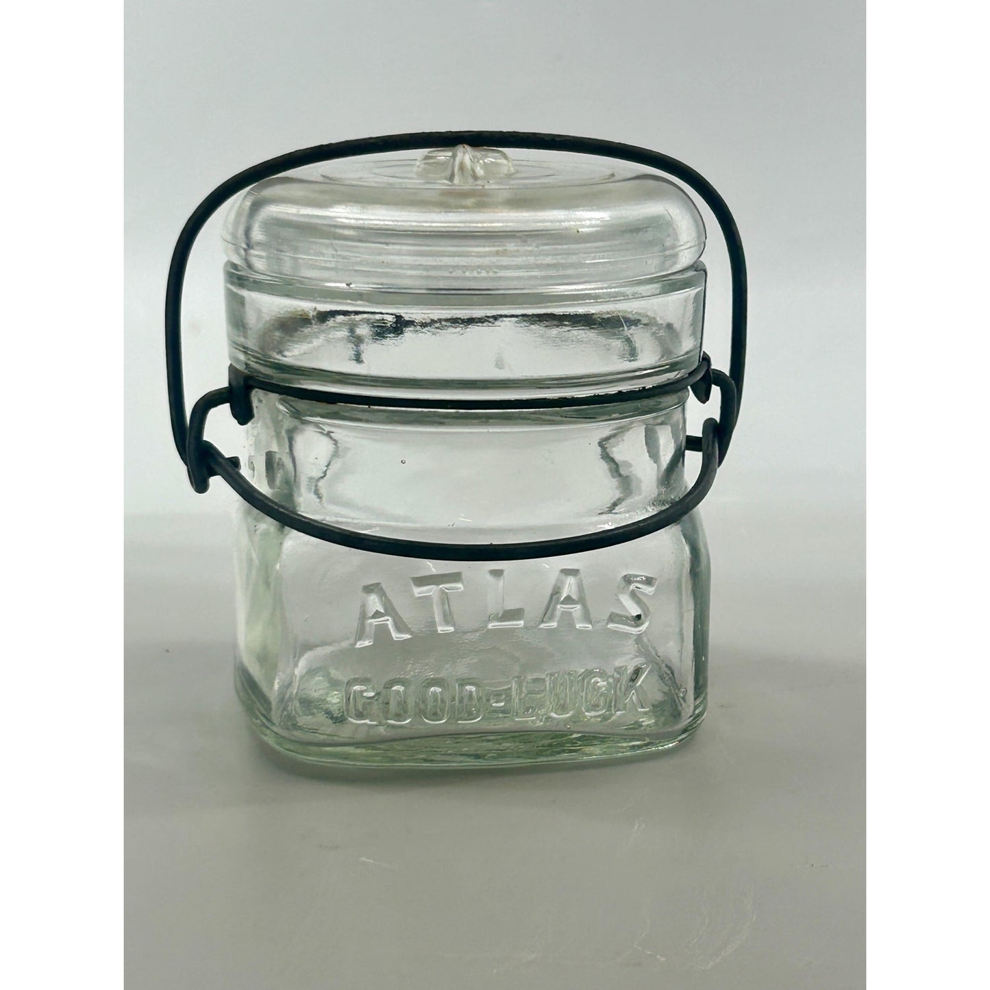 Atlas Good Luck Clover Half Pint Mason Jar Original Wire Bail Glass Lid Antique Hazel Atlas 1920s