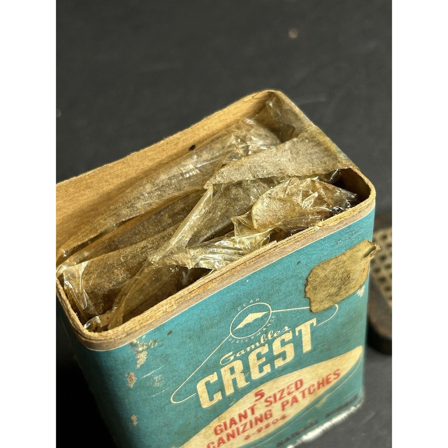 Vintage Crest rubber tire patch tin display