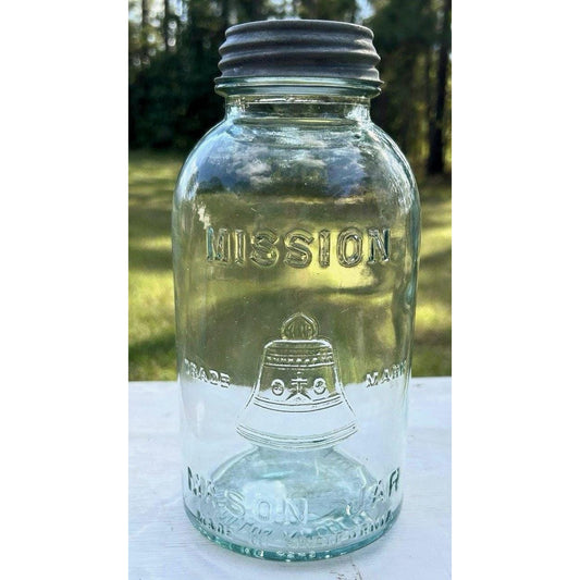 Mission Bell Trade Mark mason jar aqua blue half gallon Liberty Bell embossed Hazel Atlas second example