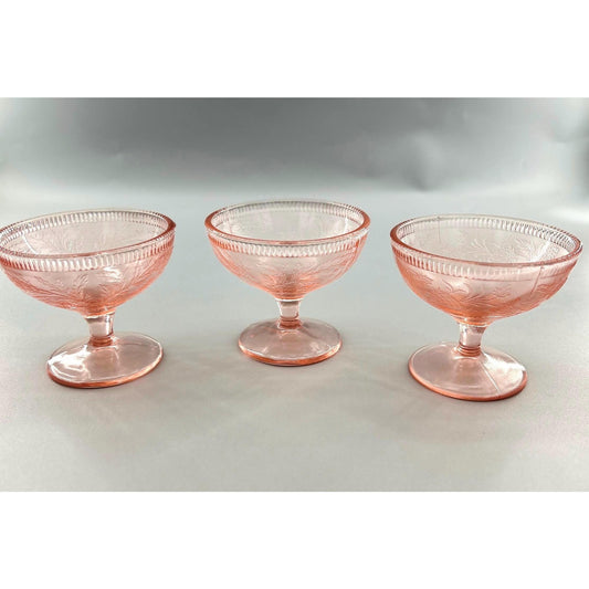 Pink Depression Glass Sherbet Dessert Cups • Vintage 1930s Footed Bowls • Set of 3 • Etched Floral Stemware • Cottage Farmhouse Tableware