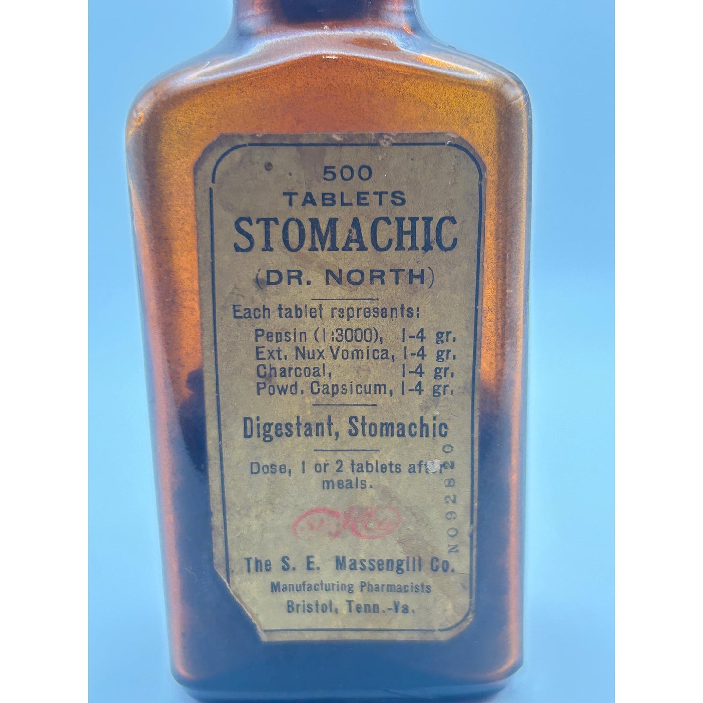 Antique Dr. North Stomachic Tablets Bottle Massengill Bristol TN Amber Glass