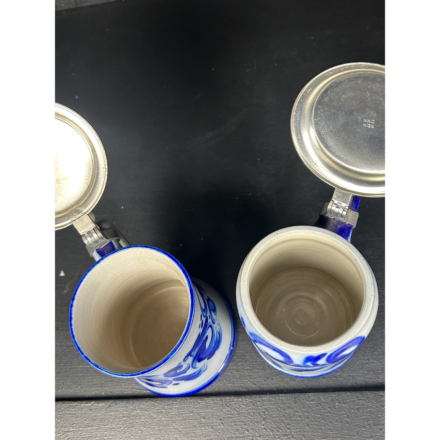 Vintage Westerwald German Stein Pair .5L • Salt Glazed Cobalt Stoneware • LFZ Handarbeit • Pewter Lids • Engraved “Hans” • Collector Grade