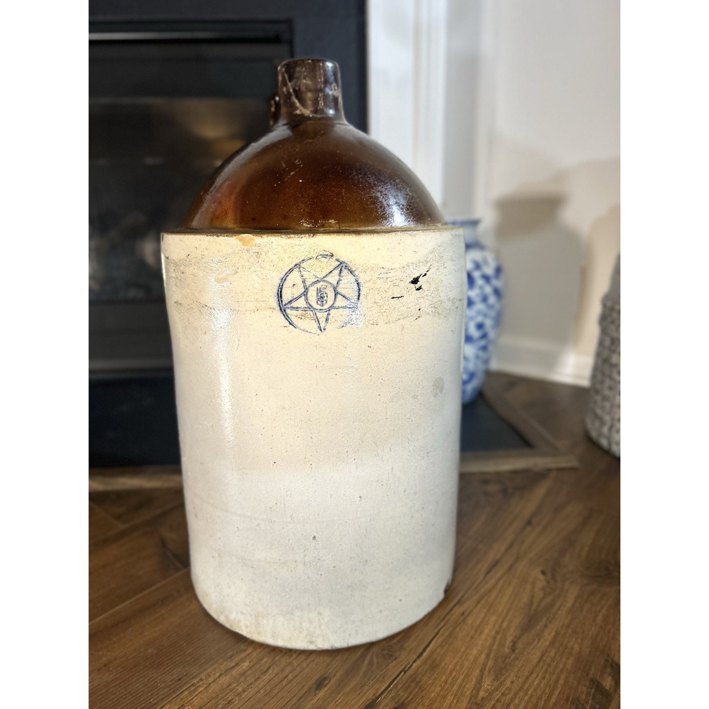 Antique 5-Gallon Blue Star Stoneware Crock Jug — Cobalt Blue Decoration — Primitive American Folk Pottery