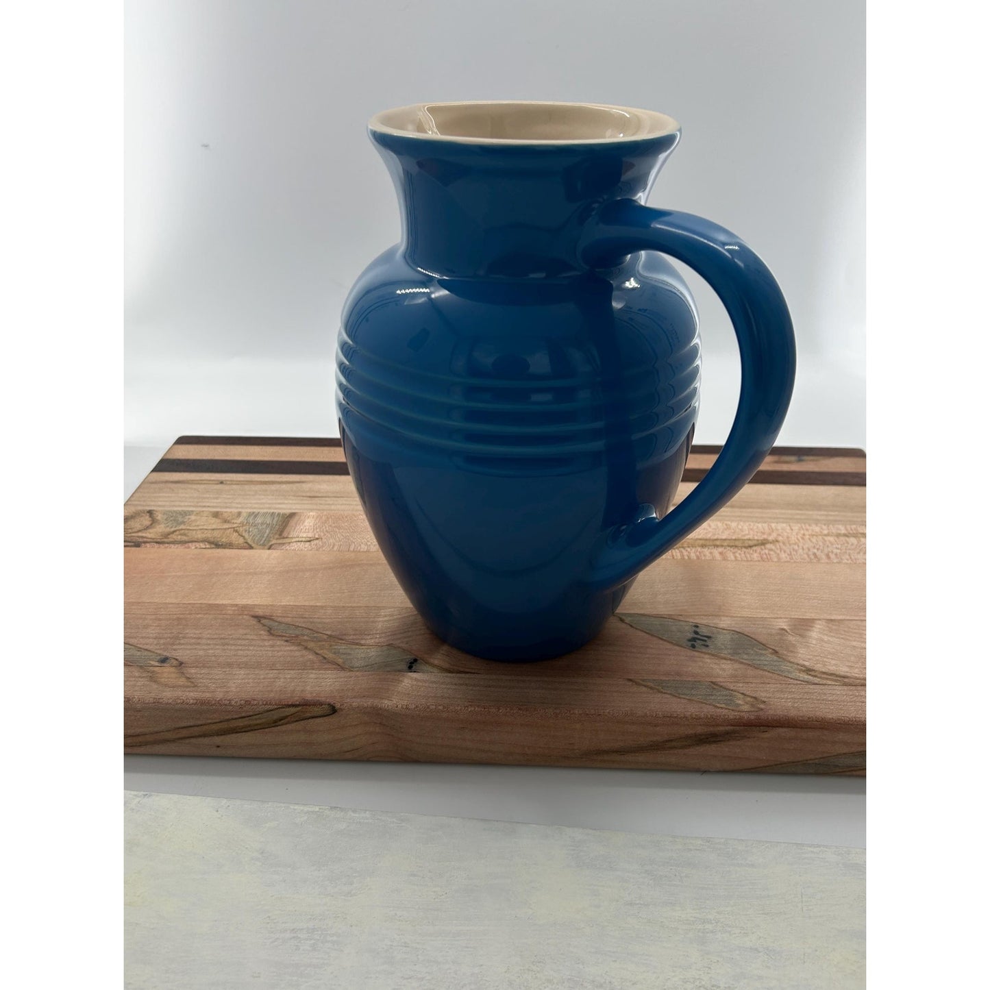 Le Creuset Marseille Blue Stoneware Pitcher Cream Interior Water Jug Farmhouse Kitchen Decor Pouring Jug French Country Decor Large Ceramic