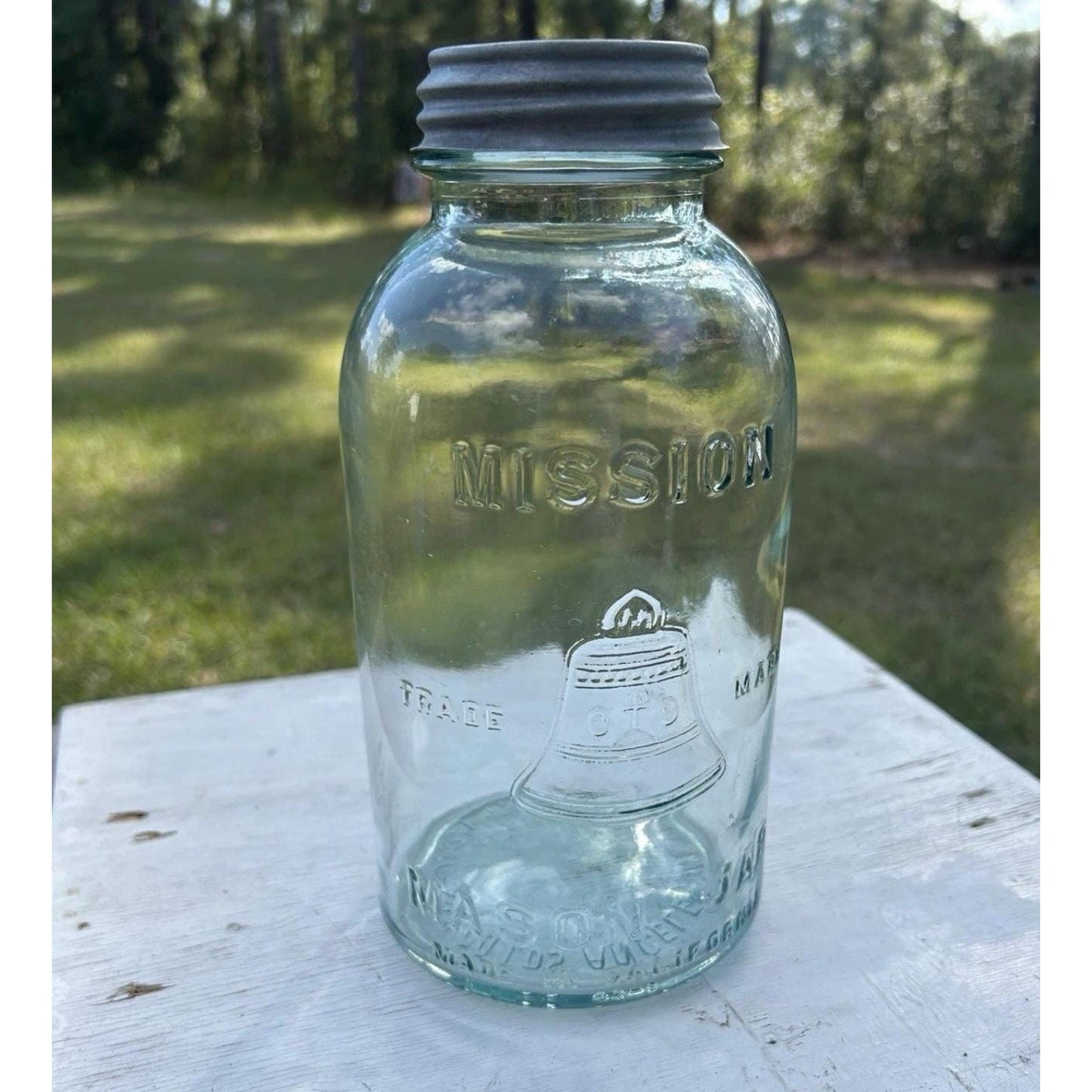 Mission Bell Mason Jar Aqua Blue Liberty Bell Hazel Atlas Half Gal w/ Zinc Lid