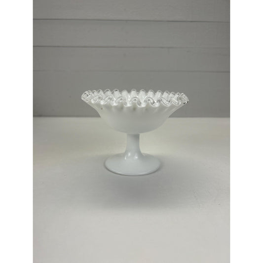 Vintage Fenton Milk Glass Pedestal Compote Bowl • Clear Ruffled Edge Silver Crest Style • Farmhouse Decor • Rustic Decor • Shelf Display
