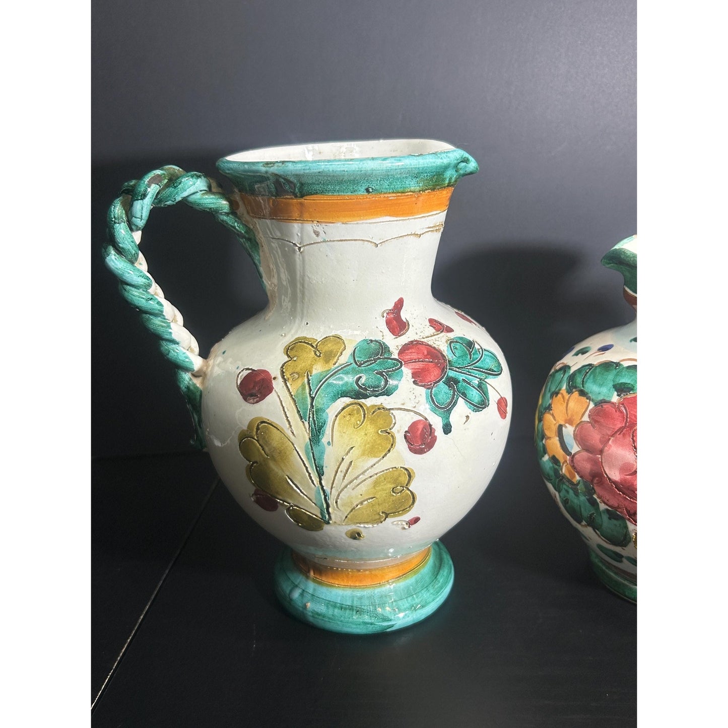 Pair of Hand Painted Majolica Pitchers | Braided Handle Floral Pottery Set | Spanish Rustic Ceramic Jugs | Tuscan Mediterranean Home Decor