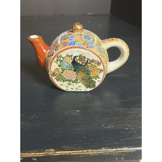 Vintage Chinese Satsuma Style Large Hand Painted Teapot Peacock Pretty Colors