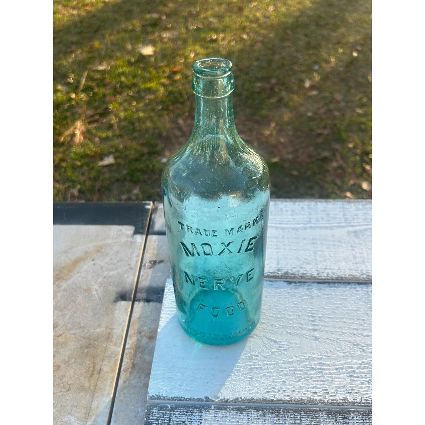 Moxie Nerve Food Aqua Glass Patent Medicine Bottle, Embossed Brockway Glass Collectible Decor