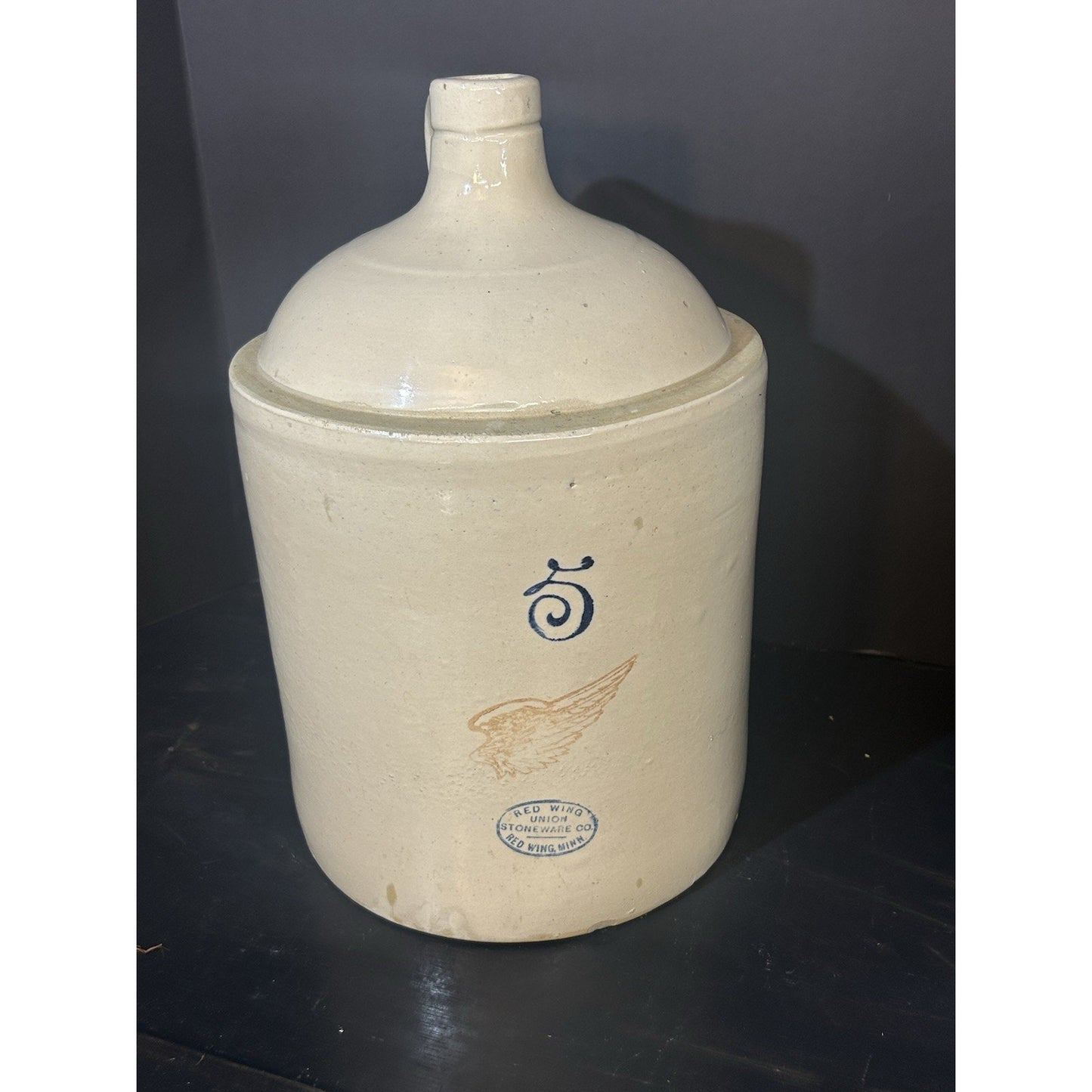 Antique 5 Gallon Redwing Stoneware Crock Shoulder Jug 4" Wing Logo