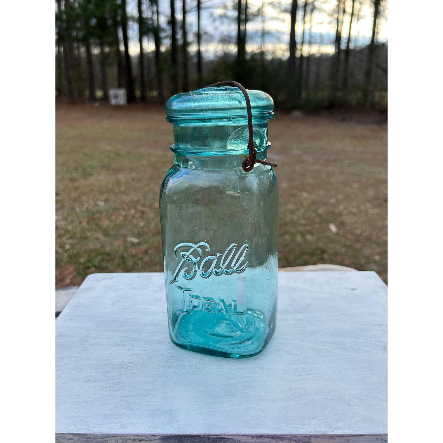 Ball Ideal Square Aqua Glass Mason Jar w/ Wire Bail & Glass Lid