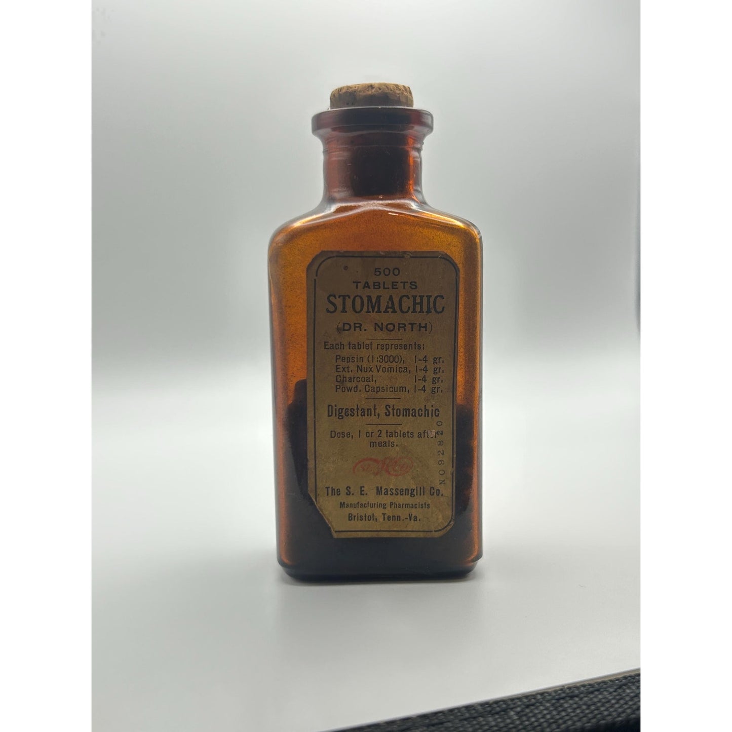 Antique Dr. North Stomachic Tablets Bottle Massengill Bristol TN Amber Glass