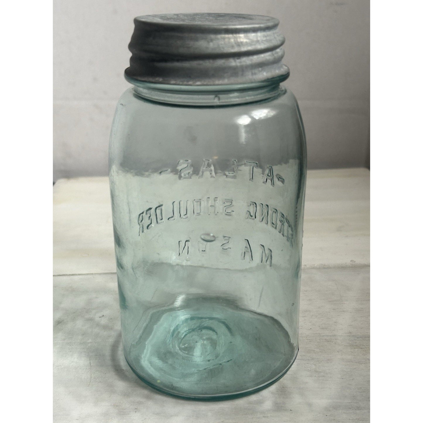 Vintage Atlas Strong Shoulder Mason Jar Aqua Blue w/ Zinc Lid – Quart – 1930s