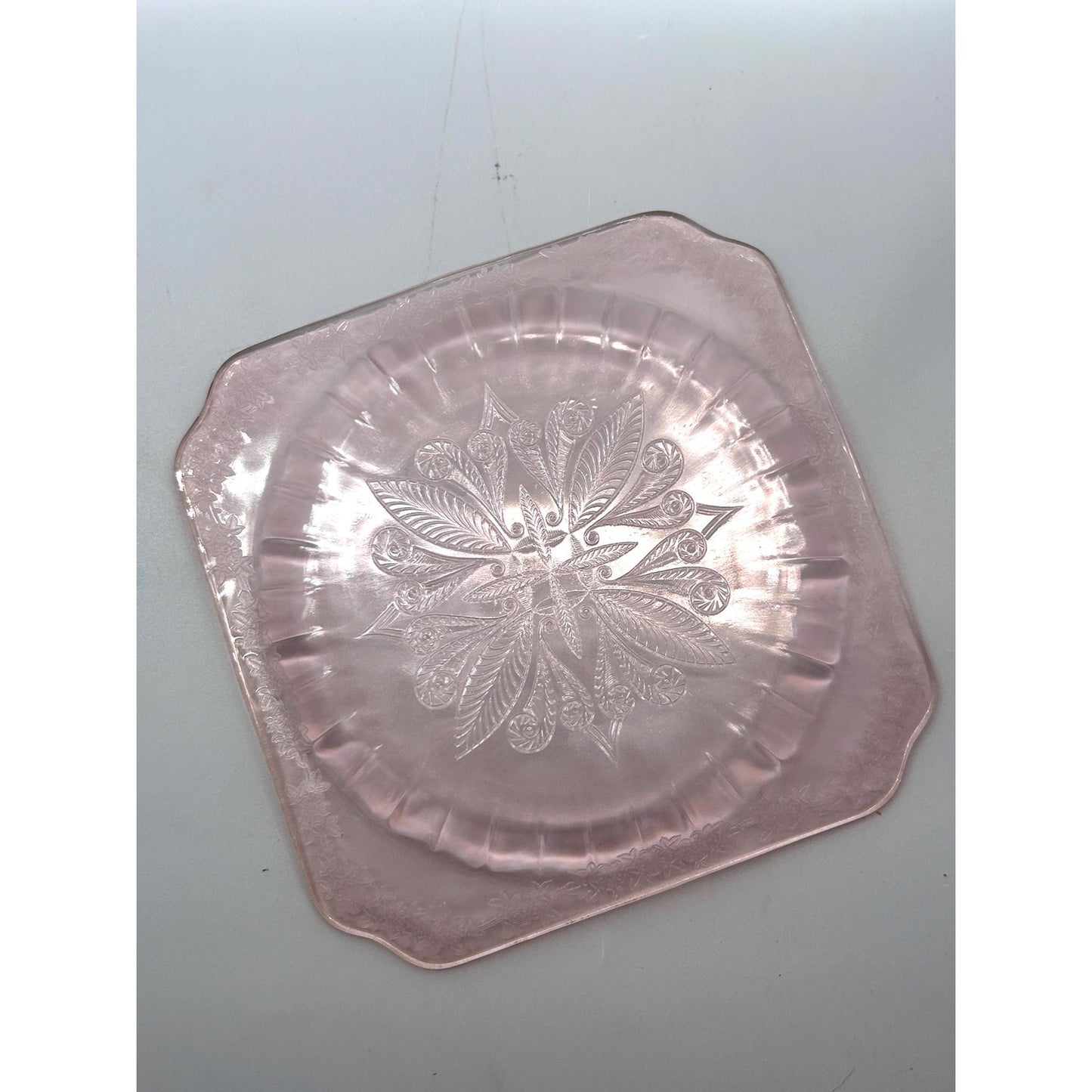 Vintage Pink Depression Glass Plates Set of 2 Etched Floral Square Luncheon Salad Plates Art Deco Glassware