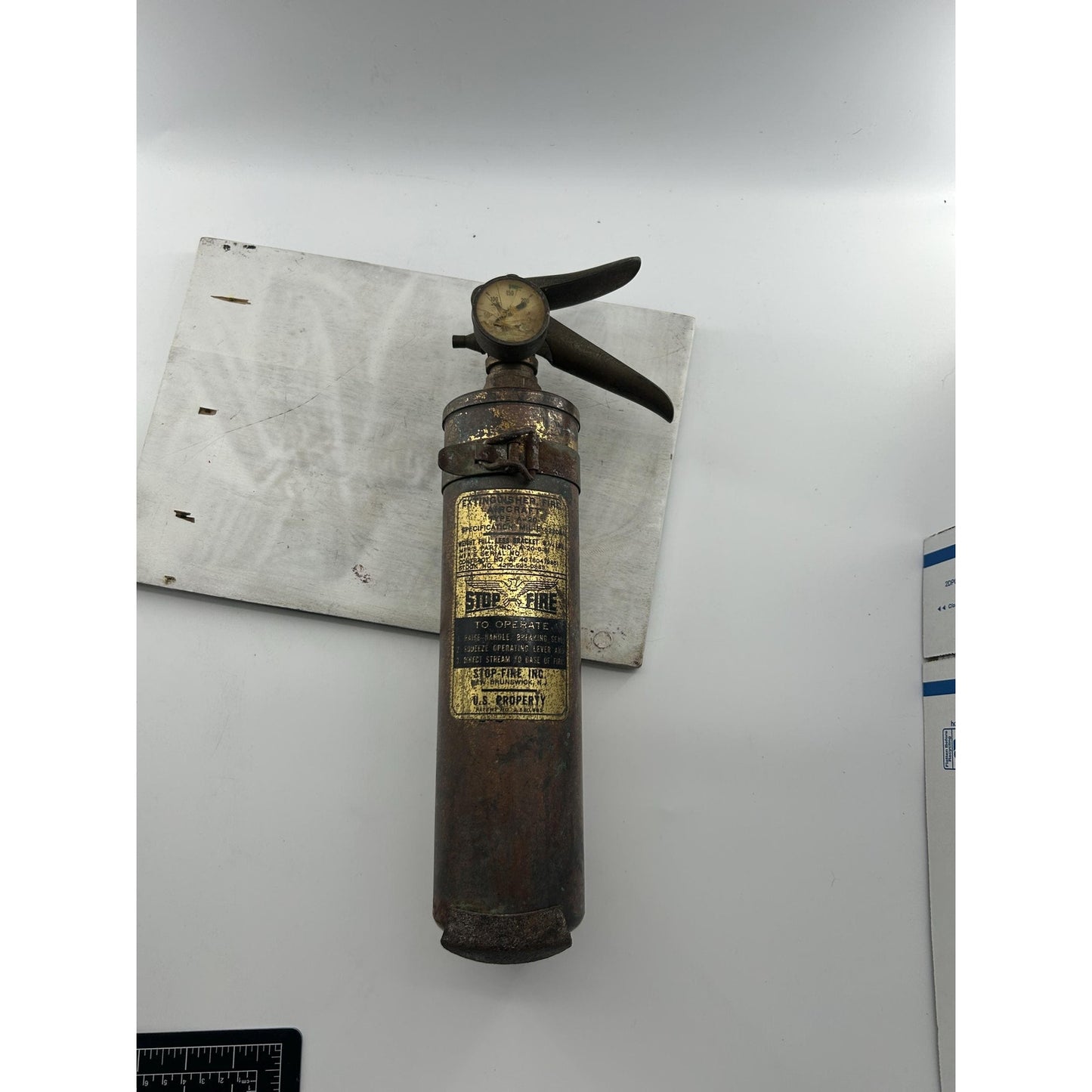 WWII Aircraft Fire Extinguisher STOP-Fire Brass Military Aviation Artifact Original WWII Airplane Fire Suppressor. Very rare find!