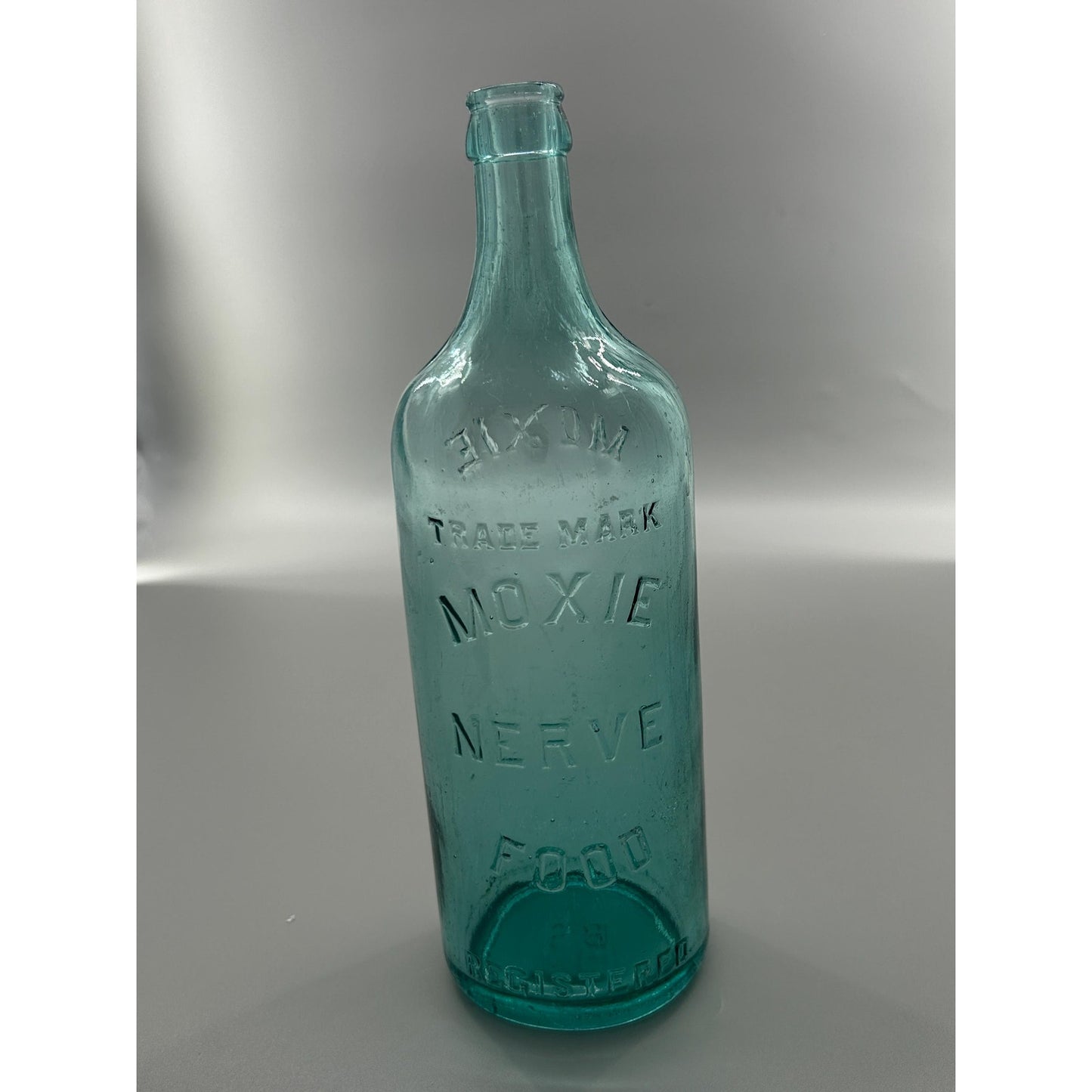 Moxie Nerve Food Aqua Glass Patent Medicine Bottle, Embossed Brockway Glass Collectible Decor