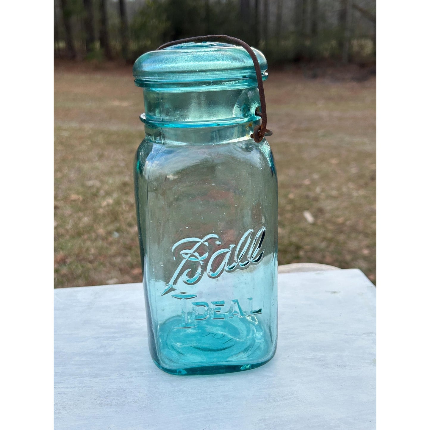 Ball Ideal Square Aqua Glass Mason Jar w/ Wire Bail & Glass Lid
