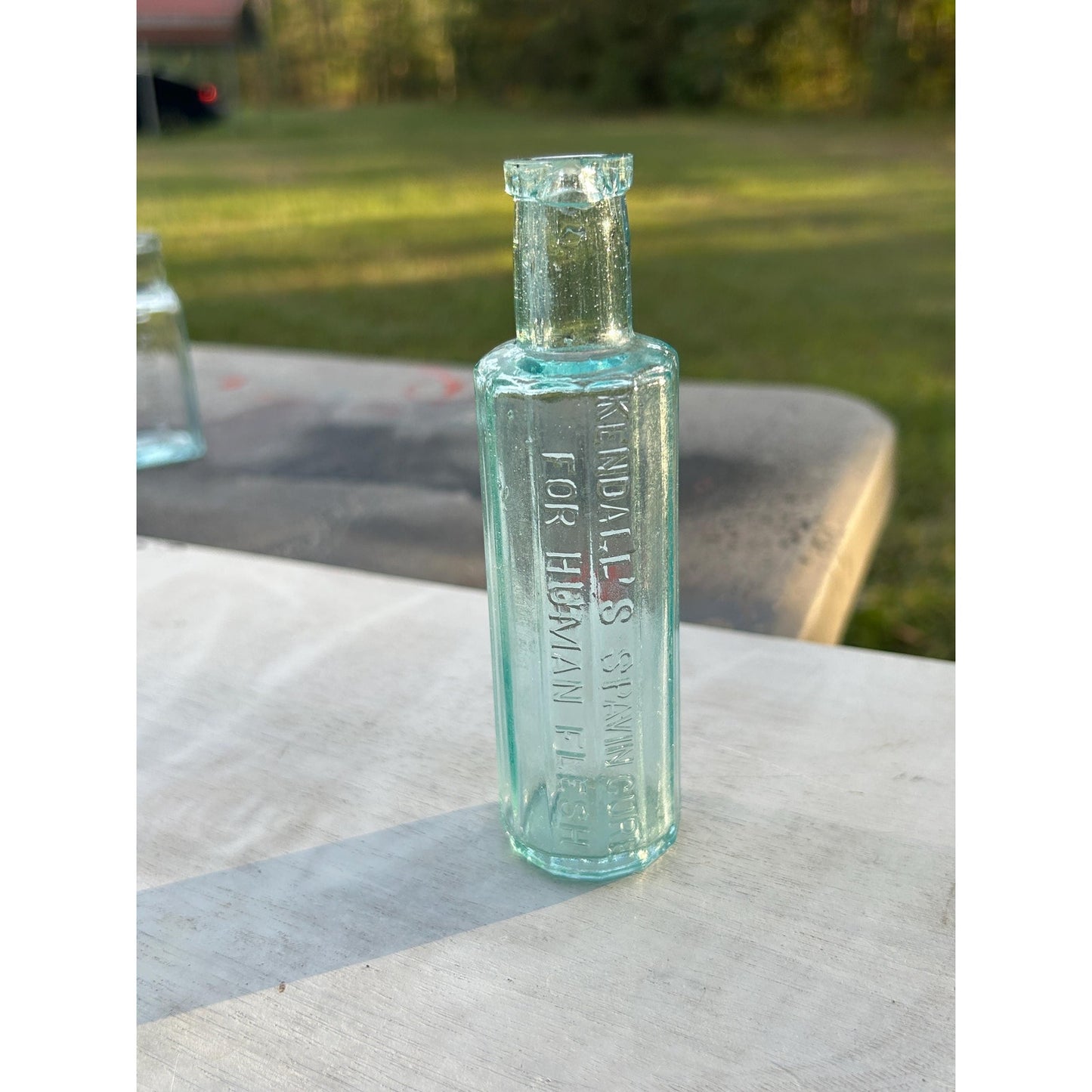 Antique Kendall’s Spavin Cure Bottle – Aqua Blue Glass, 1800s Patent Medicine, Embossed “For Human Flesh” – Rare Apothecary Remededy .