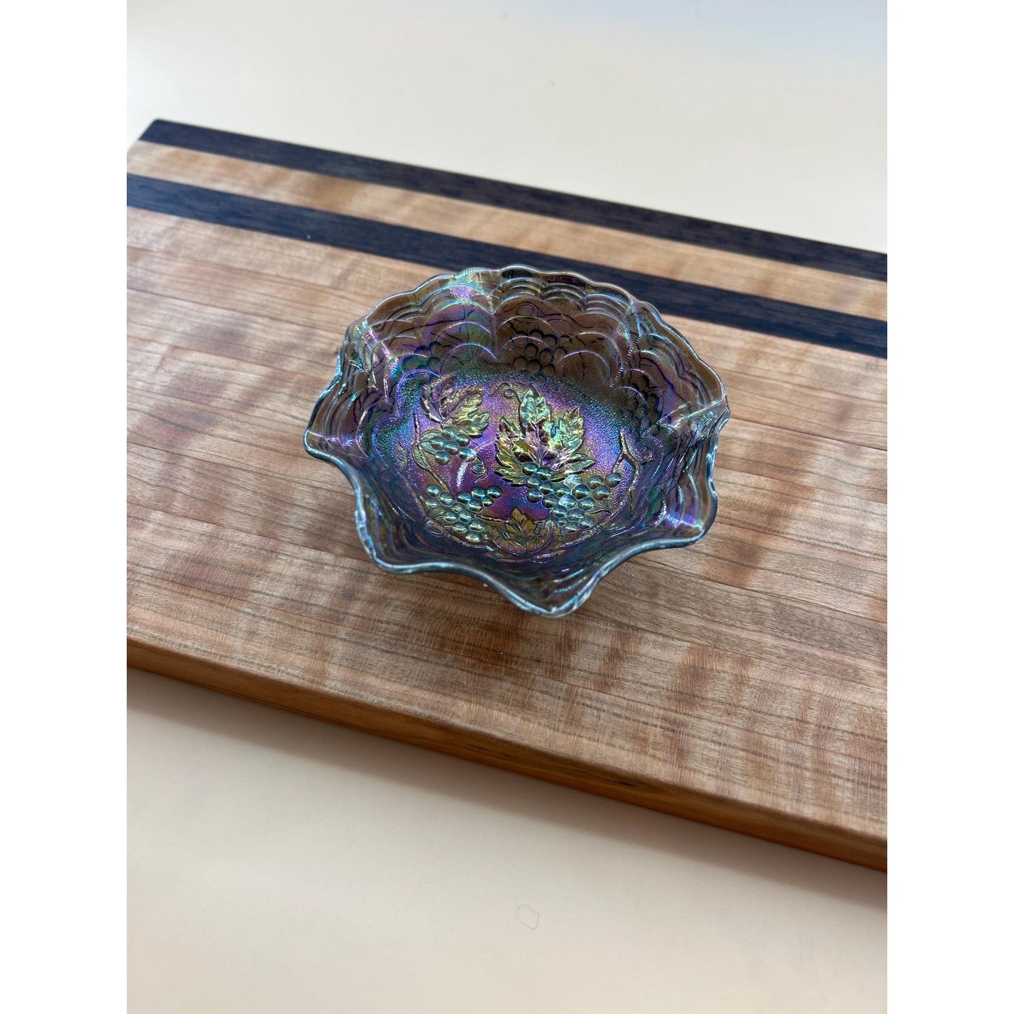 Antique Imperial Carnival Glass Grape & Cable Ruffled Bowl • Amethyst Iridescent Pressed Glass Berry Dish • Early 1900s Vintage Carnival