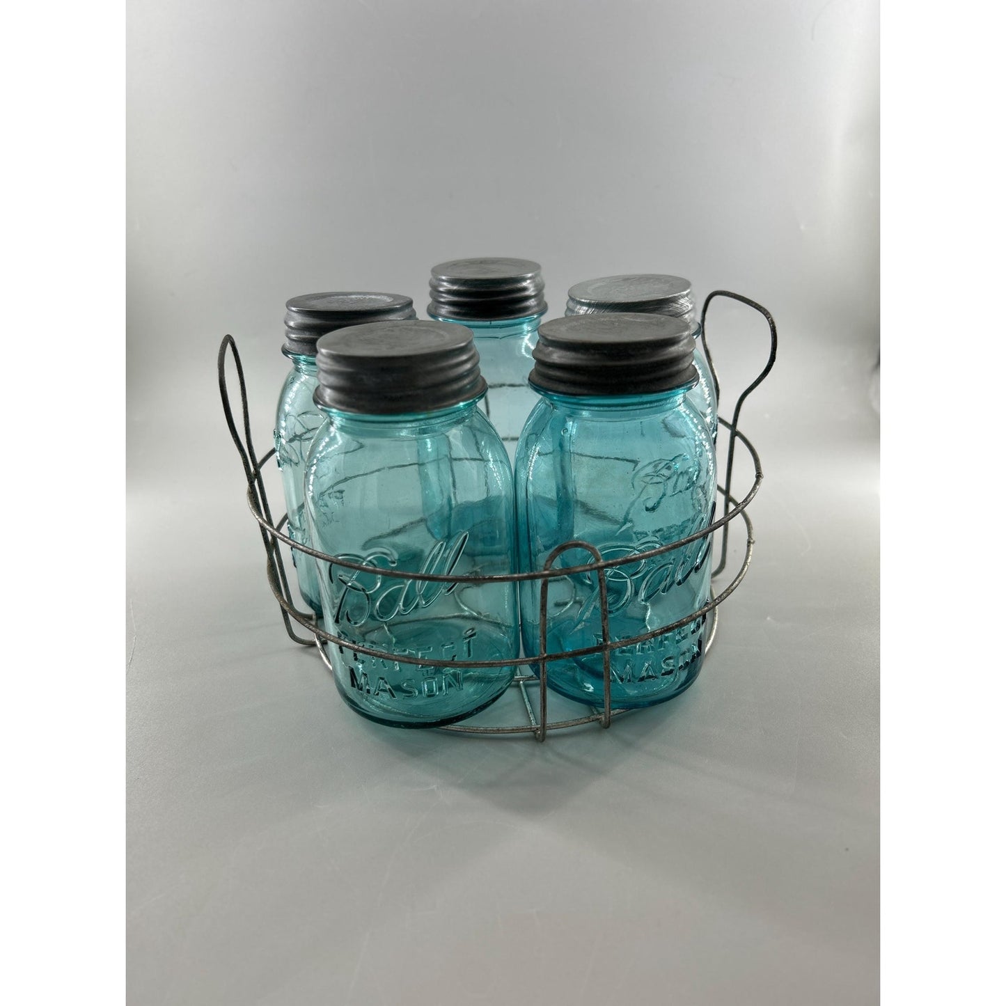 Vintage Ball Perfect Mason Jar Set Aqua Blue w Wire Carrier Zinc Lids 5pc