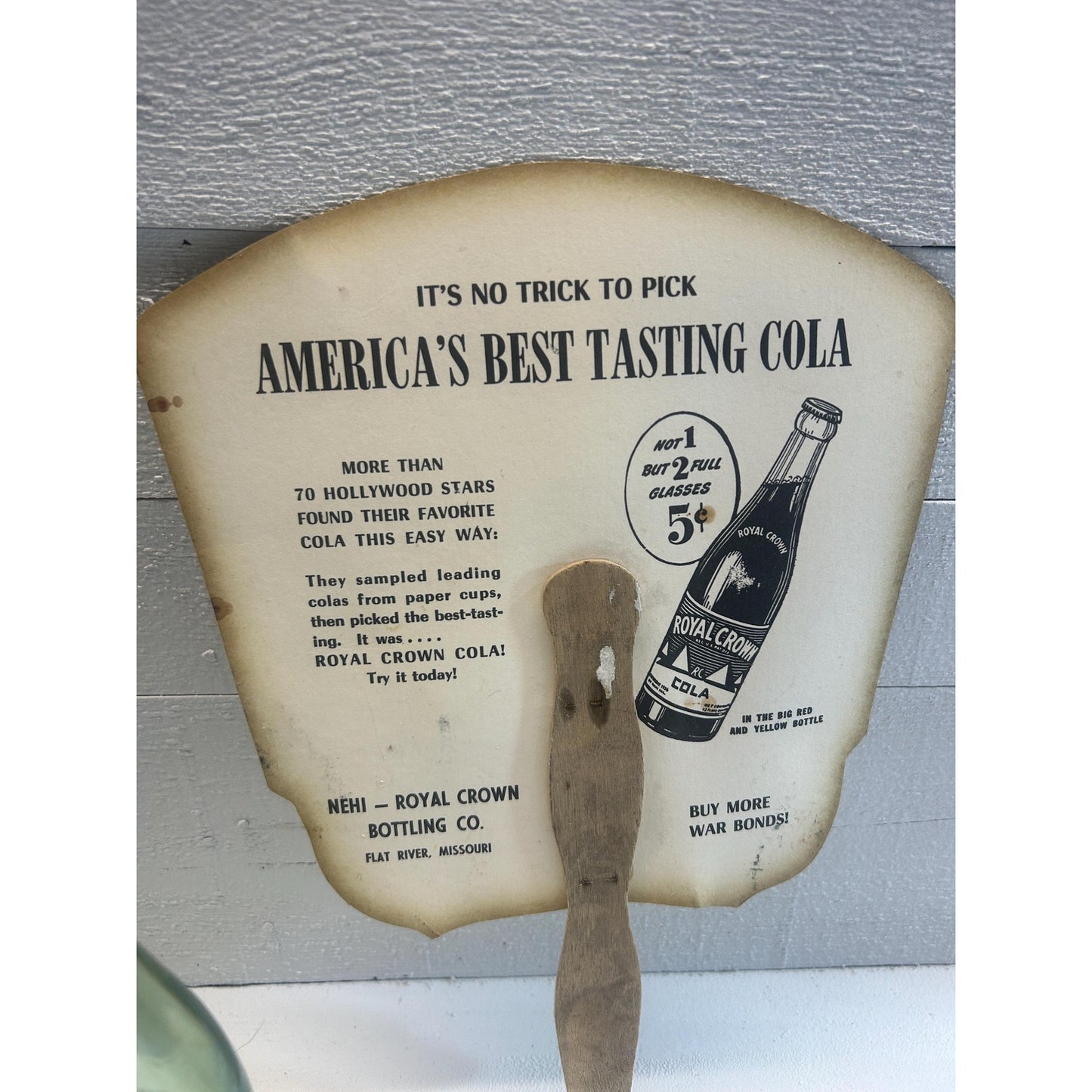 Vintage RC Royal Crown Cola Bottle & Shirley Temple Advertising Fan – 1930s 1940s Soda Memorabilia Lot – Nehi Cola Advertising Collectibles