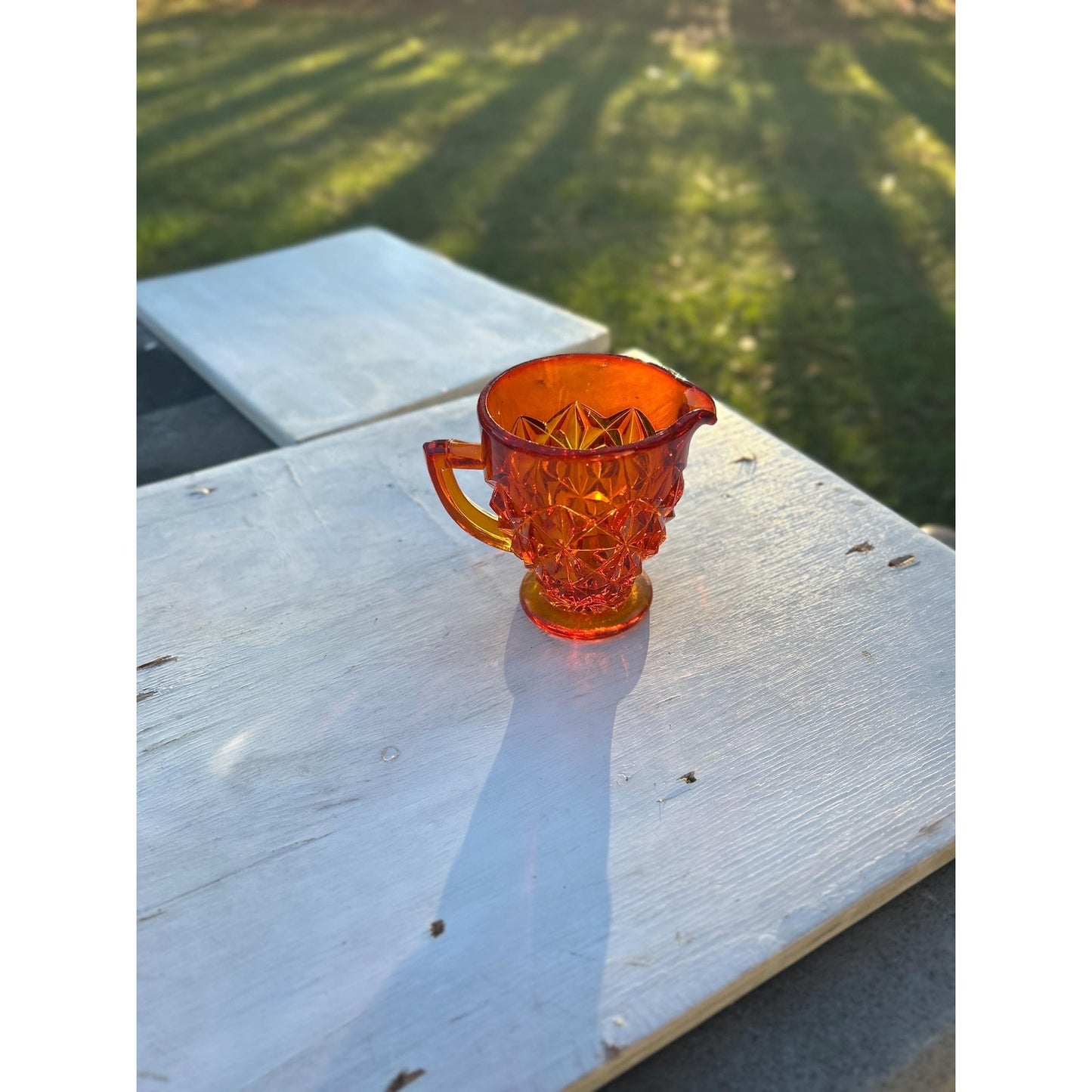Selenium Diamond Point Glass Creamer | Glows Under UV | Vintage Red Orange Mini Pitcher | Mid Century Art Glass | Uranium Reactive. Amberina