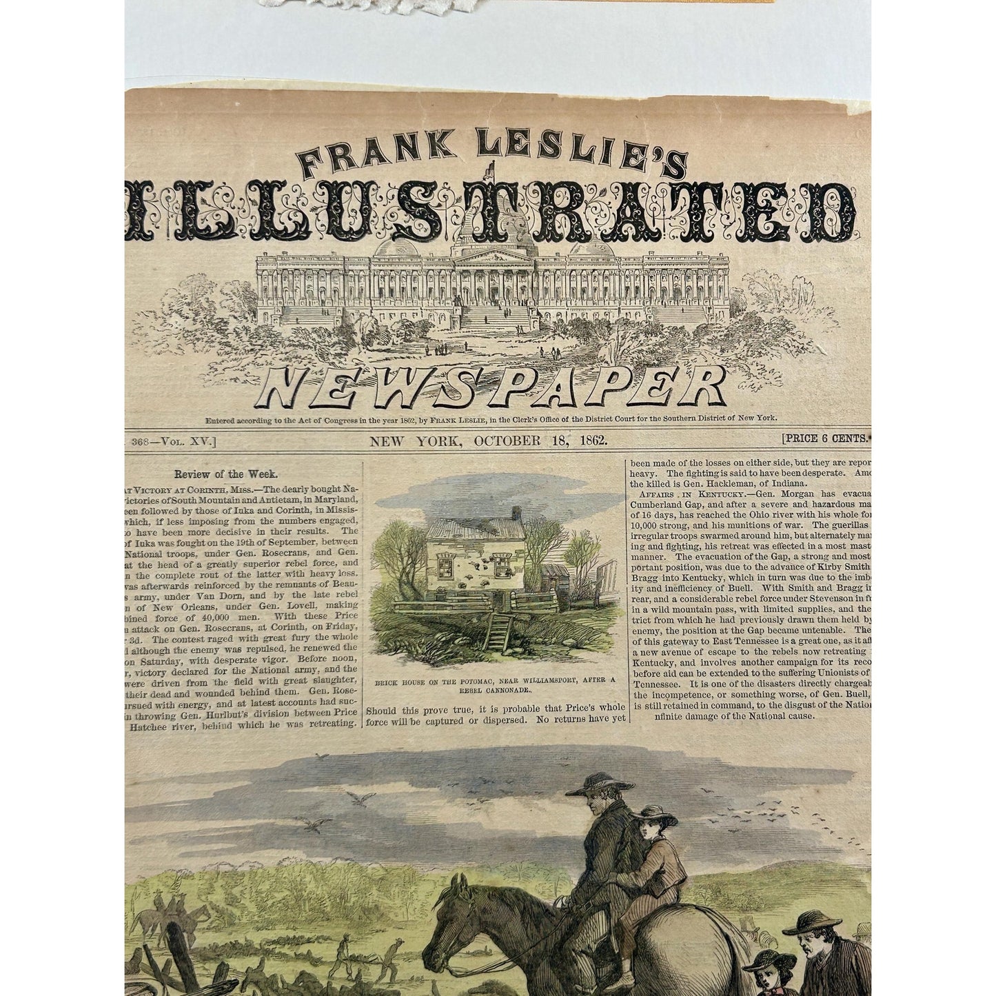 Antique Rare 1862 Frank Leslie Illustrated Newspaper Civil War Antietam Battlefield Original Hand Colored Engraving October 18 Issue