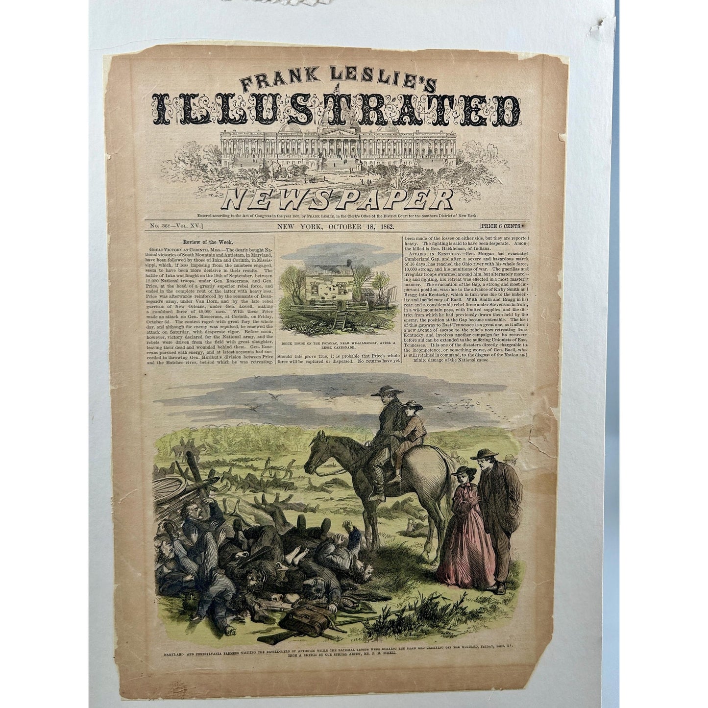 Antique Rare 1862 Frank Leslie Illustrated Newspaper Civil War Antietam Battlefield Original Hand Colored Engraving October 18 Issue
