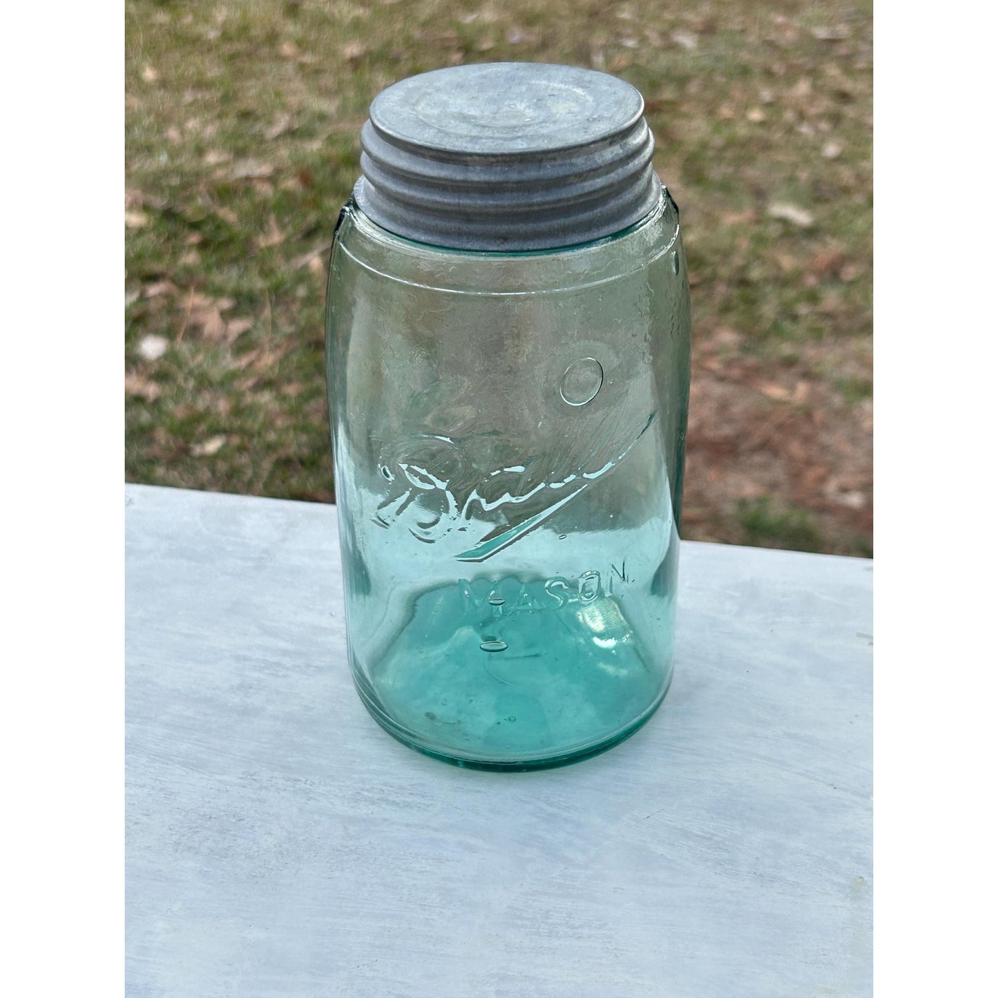 Vintage Ball Triple L Mason Jar Aqua Blue Quart Seed Bubbles Zinc Lid