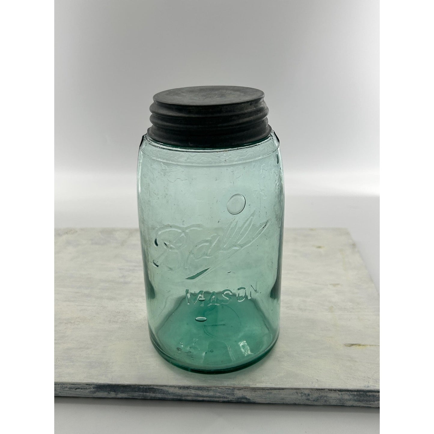 Vintage Ball Triple L Mason Jar Aqua Blue Quart Seed Bubbles Zinc Lid