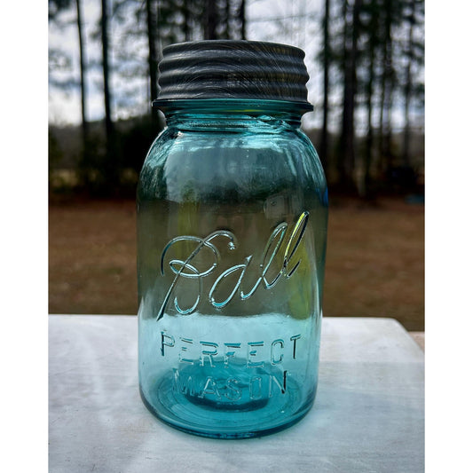 Antique Ball Perfect Mason quart mold 13 aqua blue 1920s front view