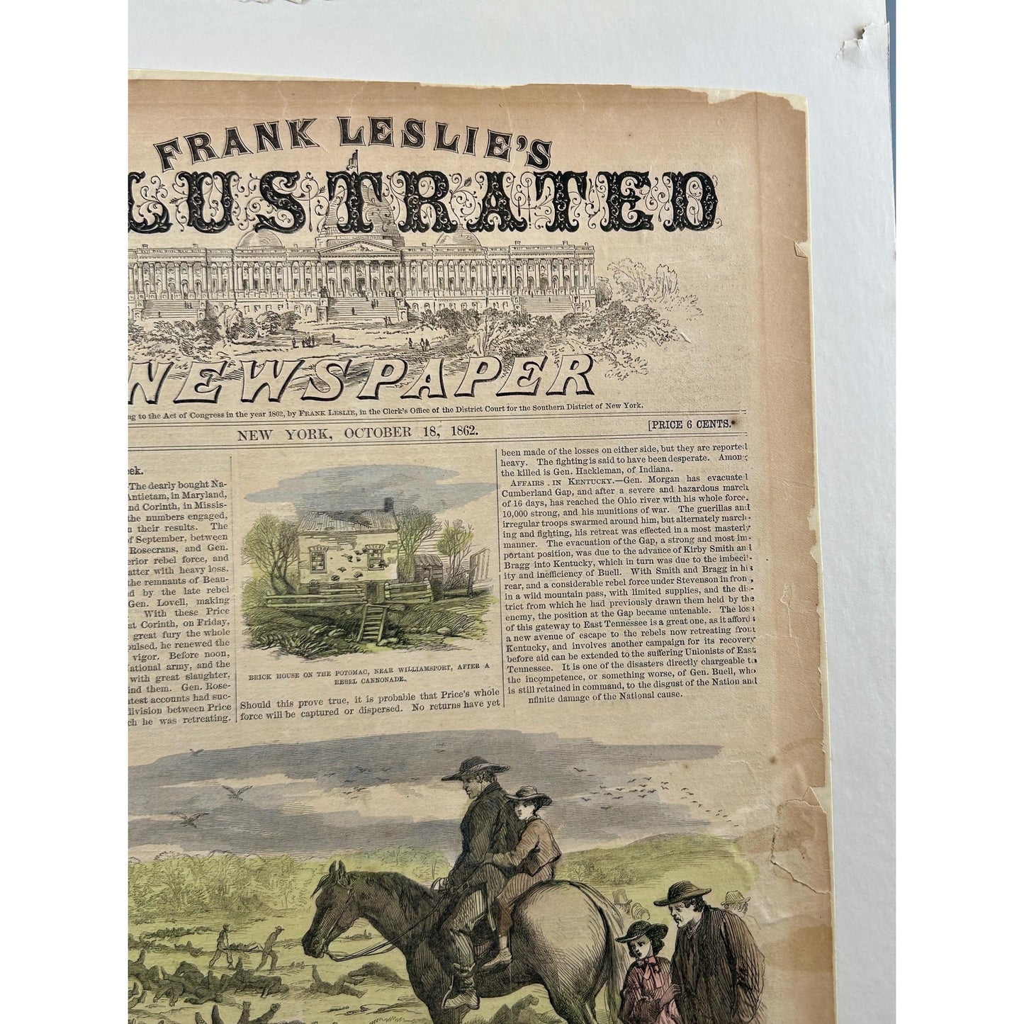 Antique Rare 1862 Frank Leslie Illustrated Newspaper Civil War Antietam Battlefield Original Hand Colored Engraving October 18 Issue