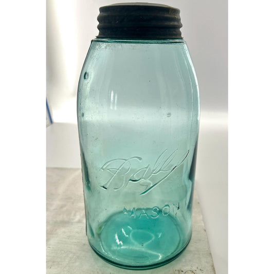 Antique Ball Triple-L underlined script half gallon mason jar aqua blue front view