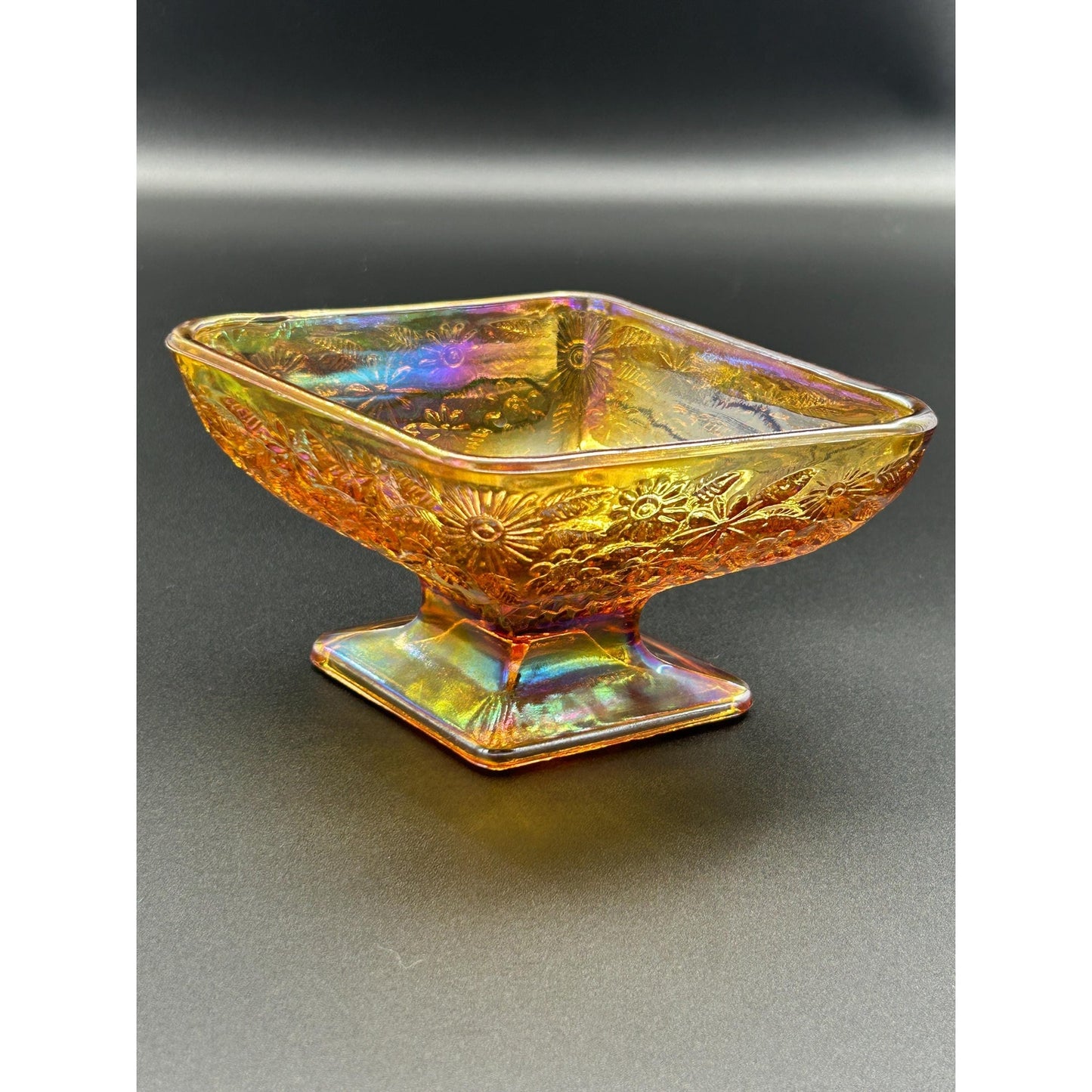 Vintage Indiana Glass Carnival Compote – Marigold Iridescent Square Pedestal Bowl, Floral Depression Glass Centerpiece