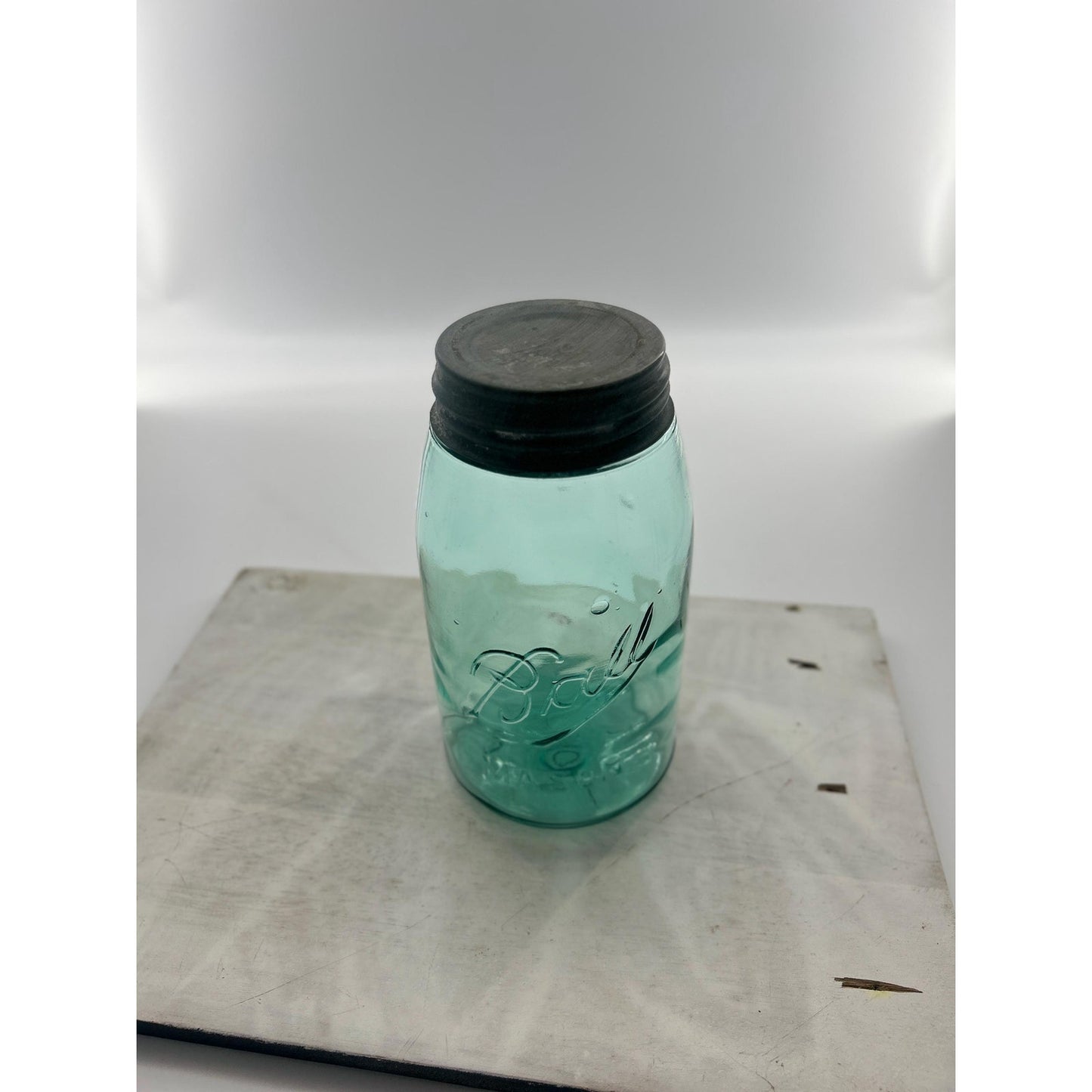 Antique Ball Mason Quart Deep Teal Aqua 1910–1923 Underlined Script Near Mint Zinc Lid 100+ Year Old Vintage Canning Jar