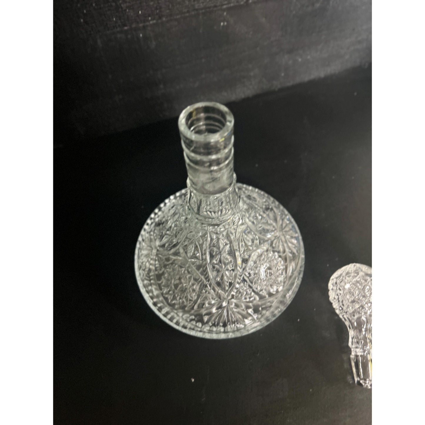 Vintage Cut Crystal Decanter with Stopper • Pressed Glass Starburst Pattern • Heavy Clear Barware • Mid-Century Liquor Whiskey Wine Bottle